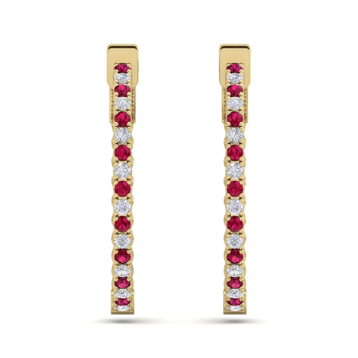 1 Carat Ruby And Diamond Hoop Earrings In 14 Karat Yellow Gold, 3/4 Inch