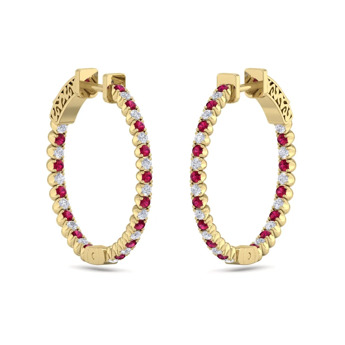 1 Carat Ruby And Diamond Hoop Earrings In 14 Karat Yellow Gold, 3/4 Inch