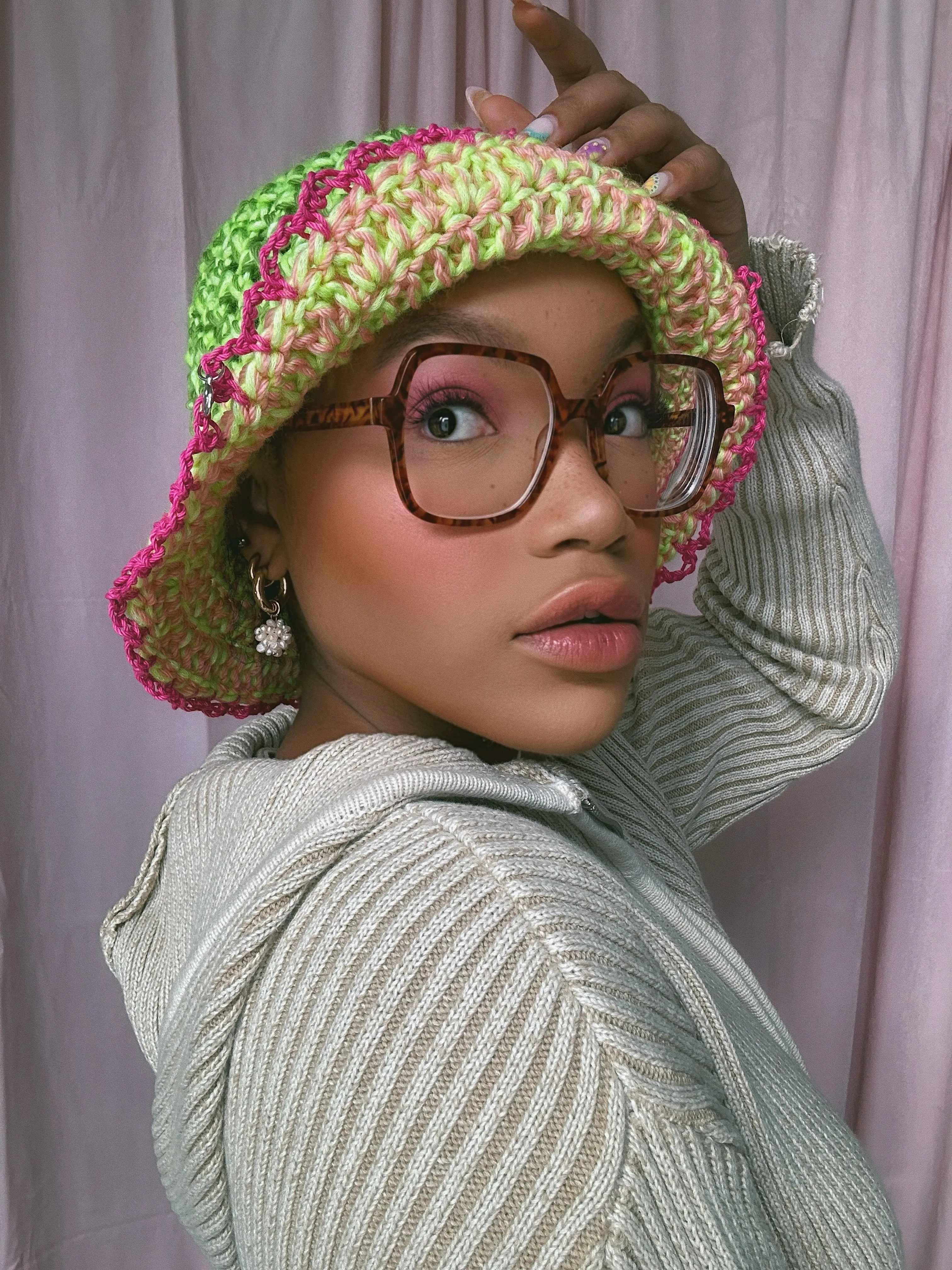 (1 Of 1) Green, Pink Crochet Hat - READY TO SHIP