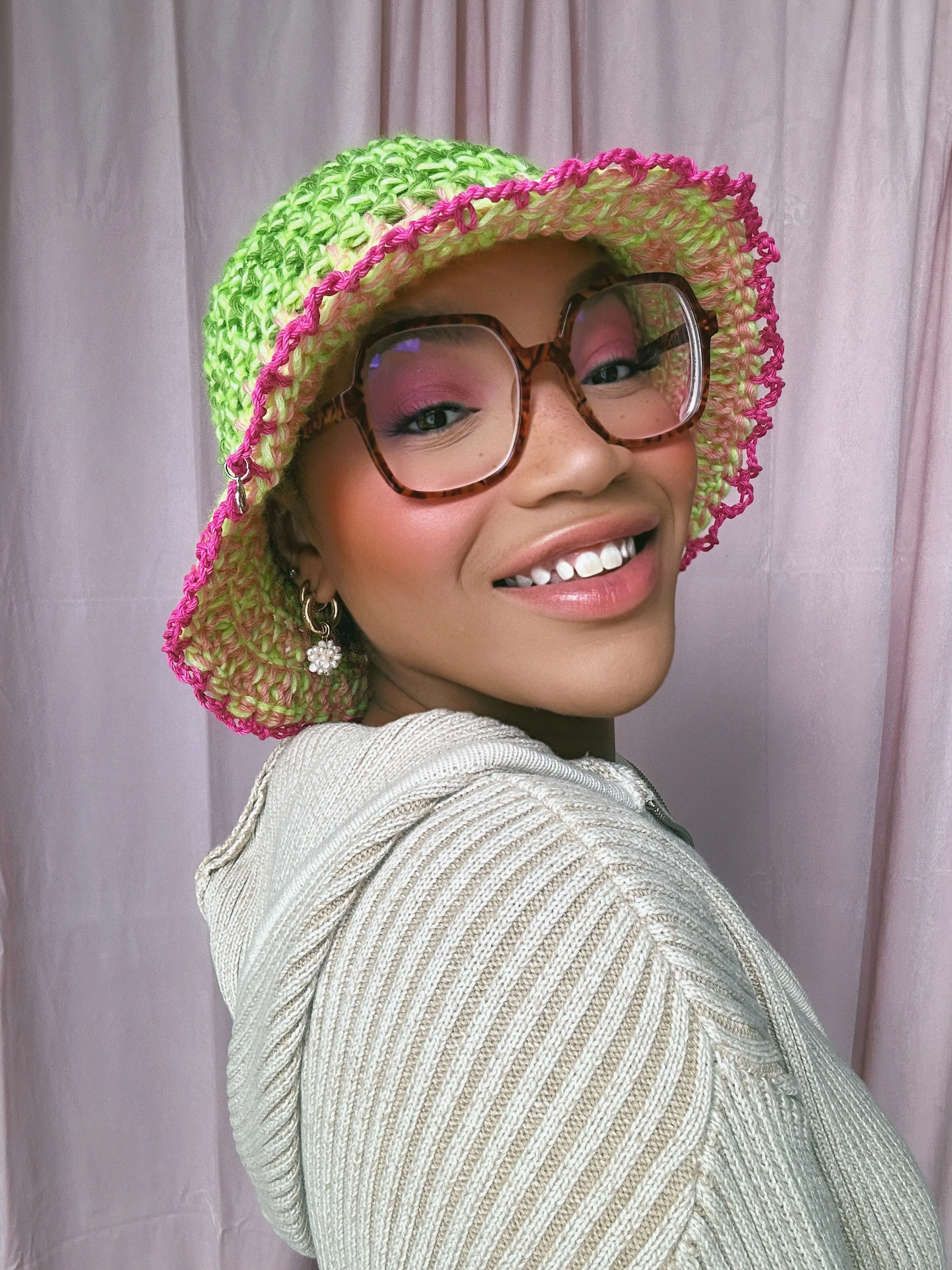 (1 Of 1) Green, Pink Crochet Hat - READY TO SHIP