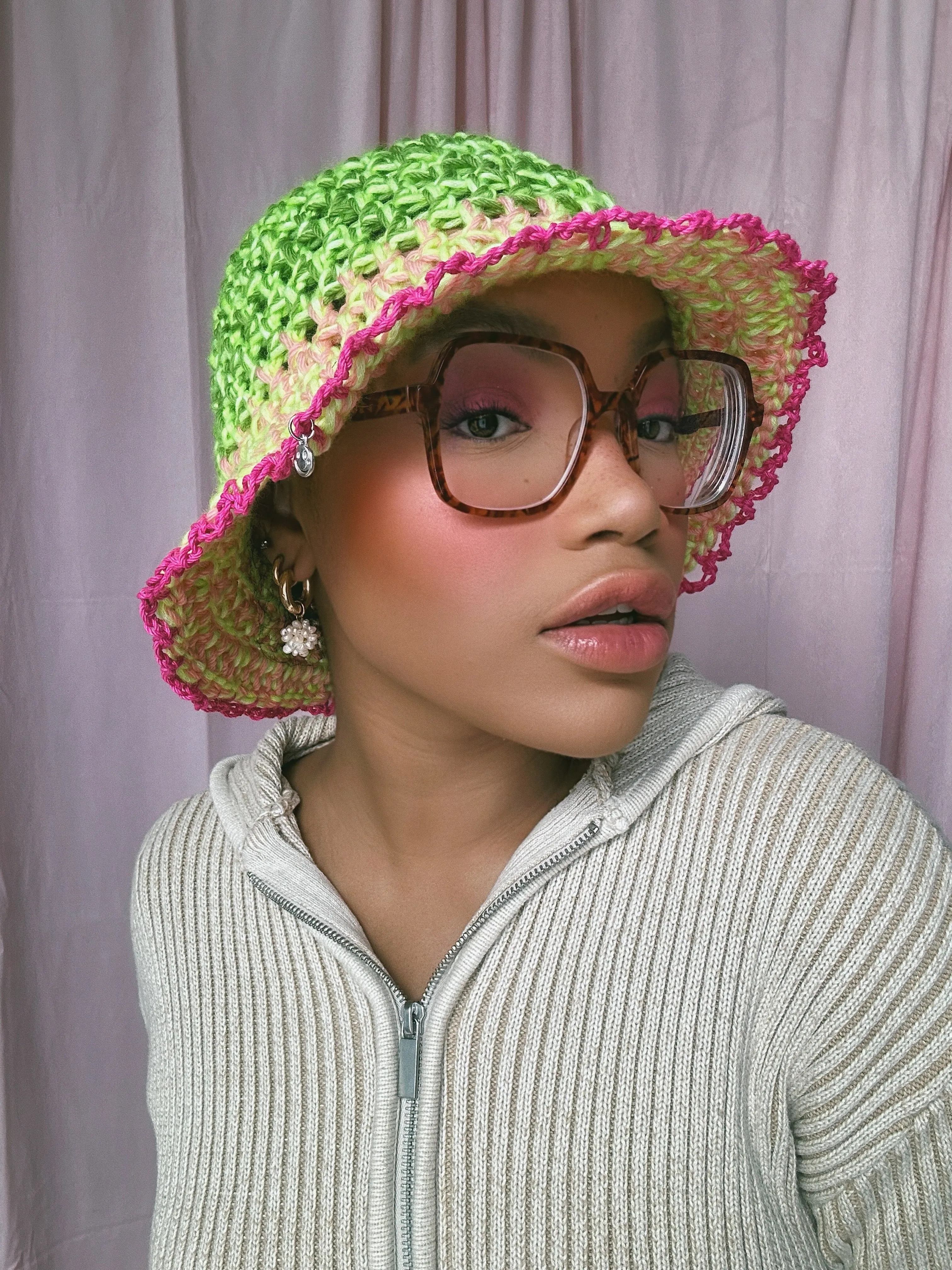 (1 Of 1) Green, Pink Crochet Hat - READY TO SHIP