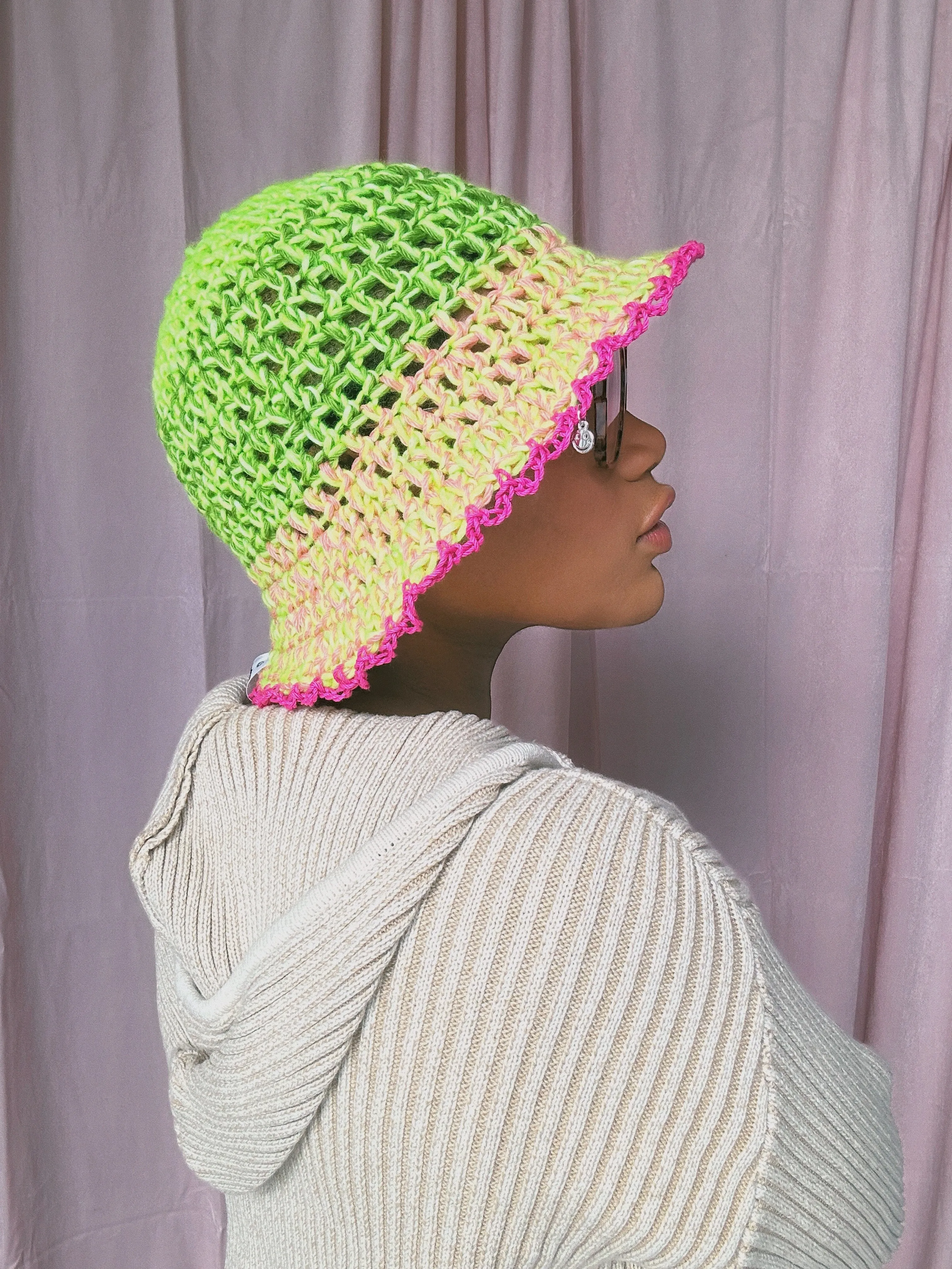 (1 Of 1) Green, Pink Crochet Hat - READY TO SHIP