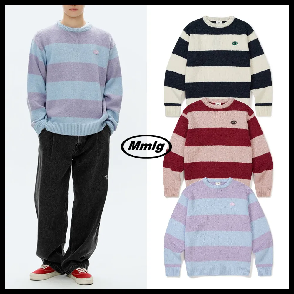 87MM  |Crew Neck Stripes Unisex Blended Fabrics Street Style