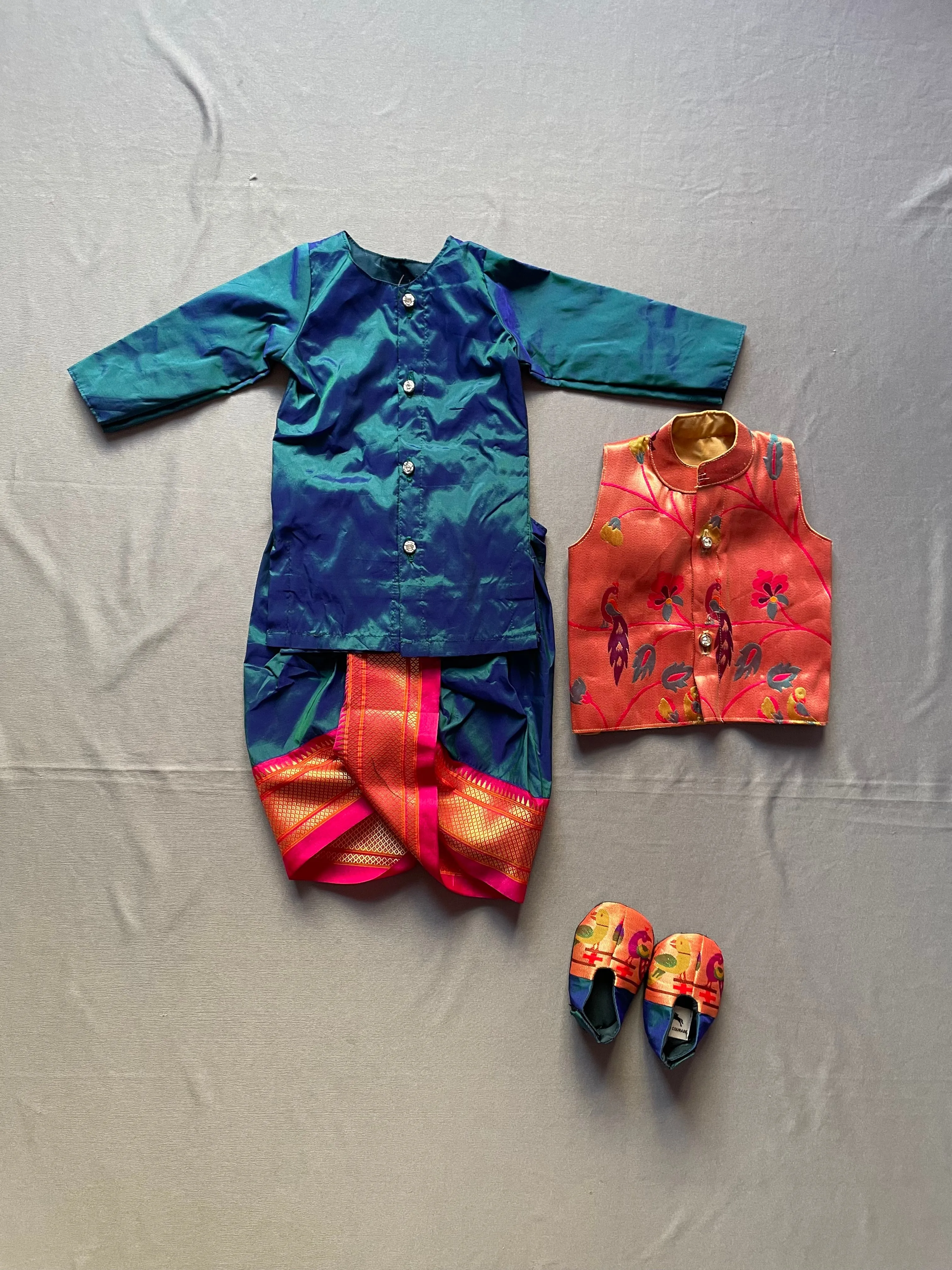 Baby boy set- premium turquoise paithani dhoti kurta and jacket set with booties