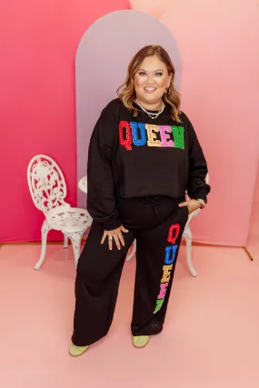 Black Multi Rhinestone Queen Sweatshirt and Pant Set