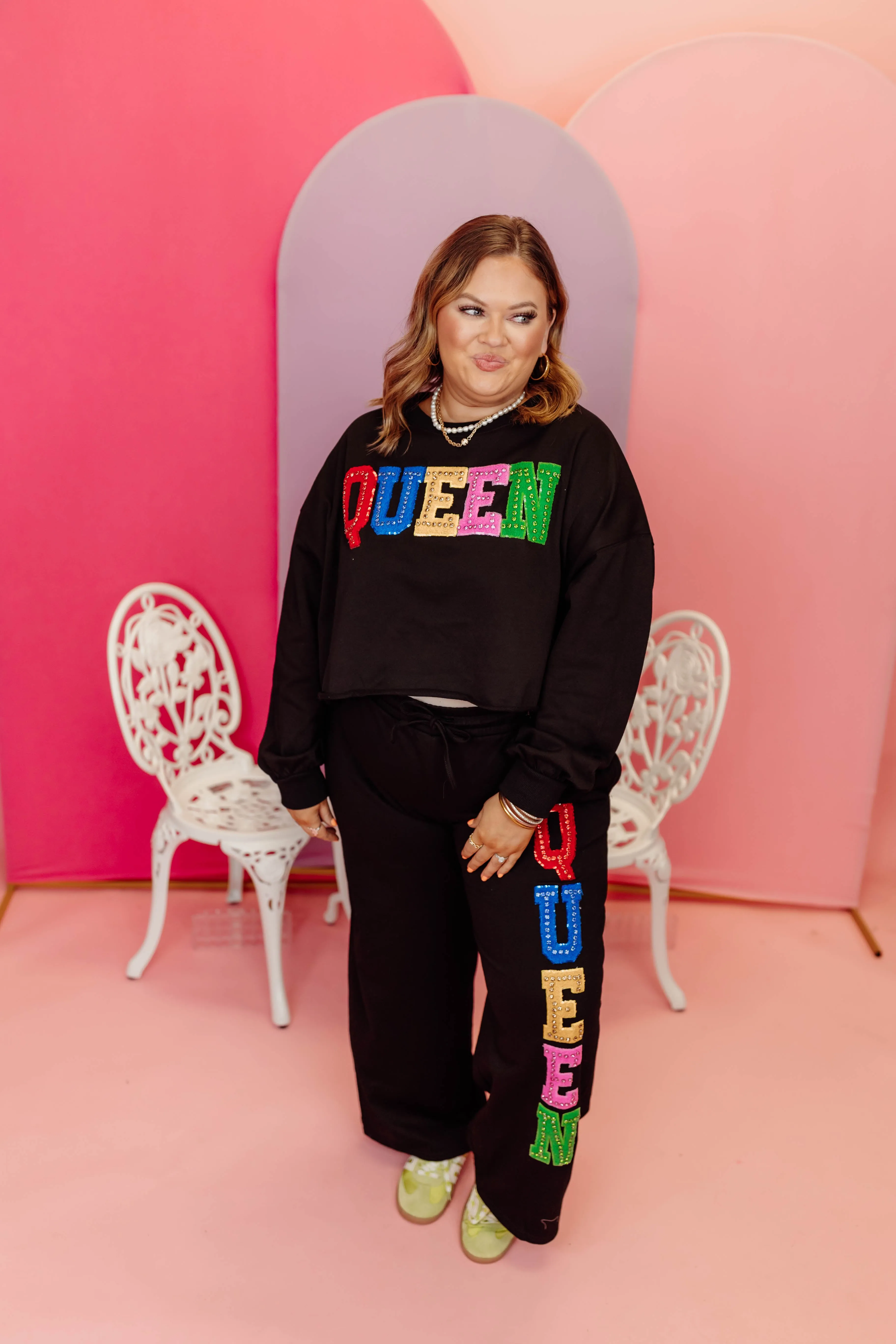 Black Multi Rhinestone Queen Sweatshirt and Pant Set