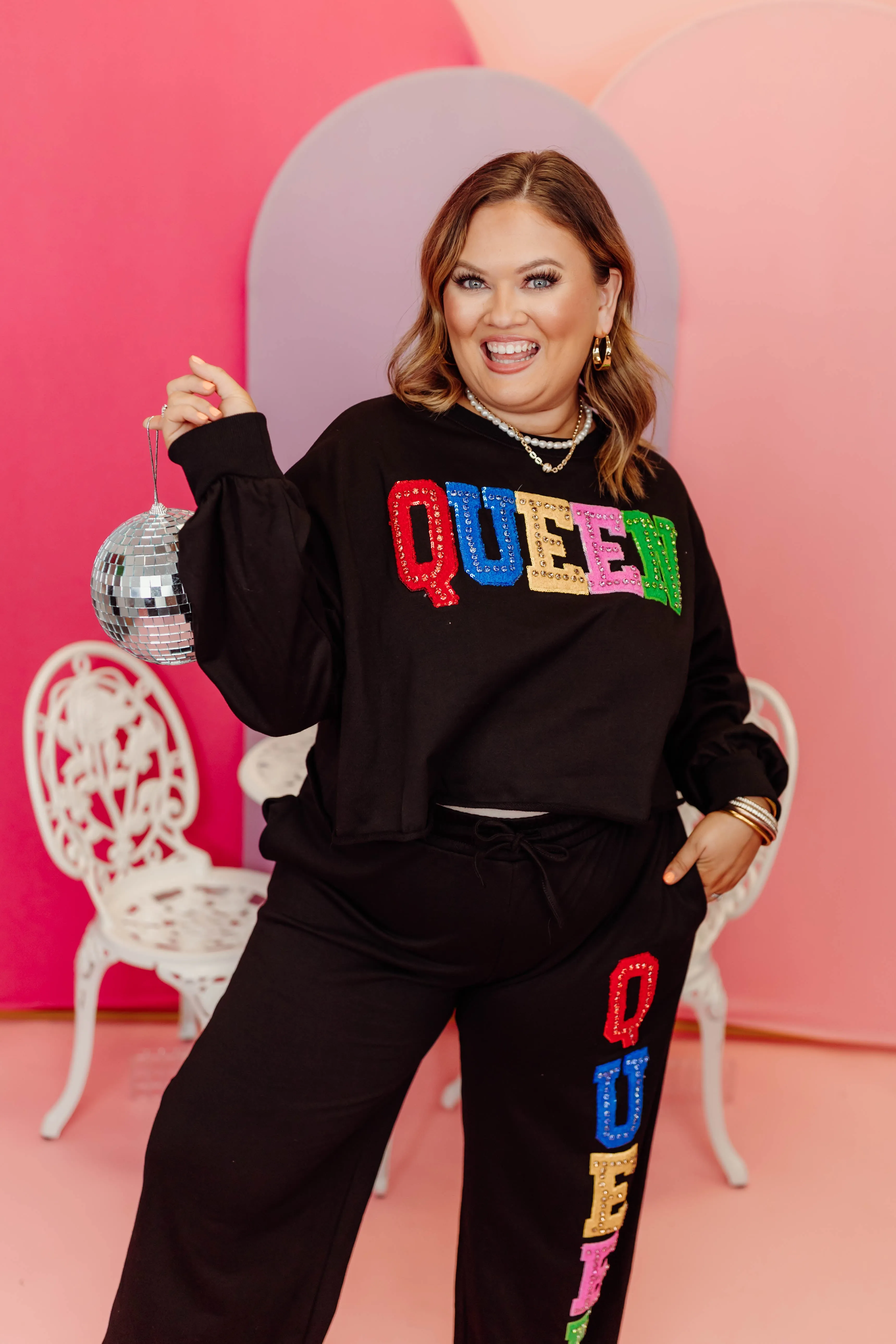 Black Multi Rhinestone Queen Sweatshirt and Pant Set