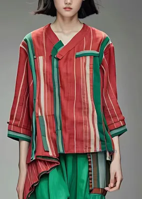 Chic Red Asymmetrical Striped Tassel Shirts Half Sleeve