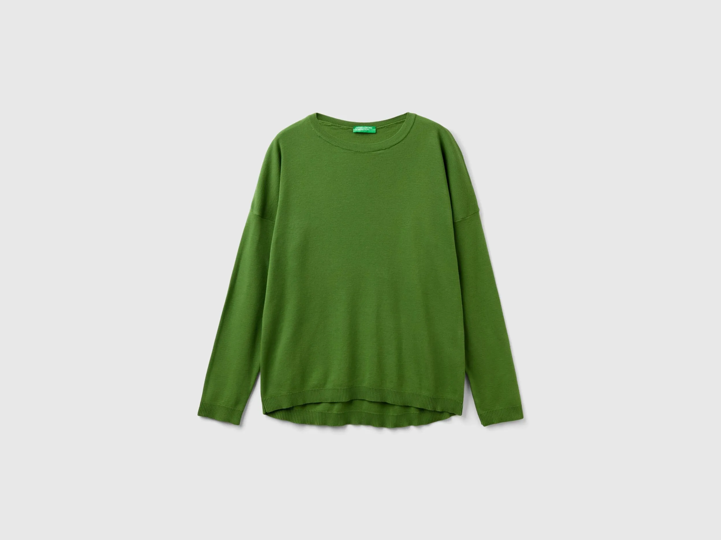 Cotton sweater with round neck - Military Green | Benetton