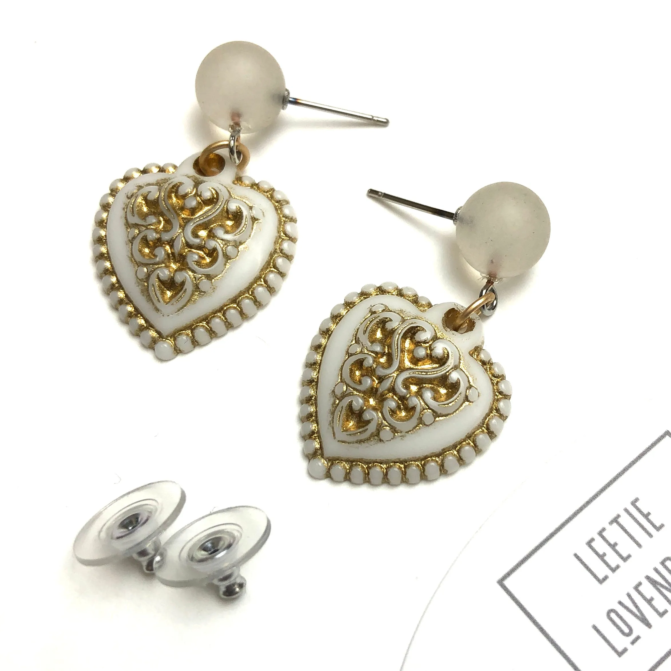 Dark Crystal & Golden White Nouveau Heart Drop Earrings