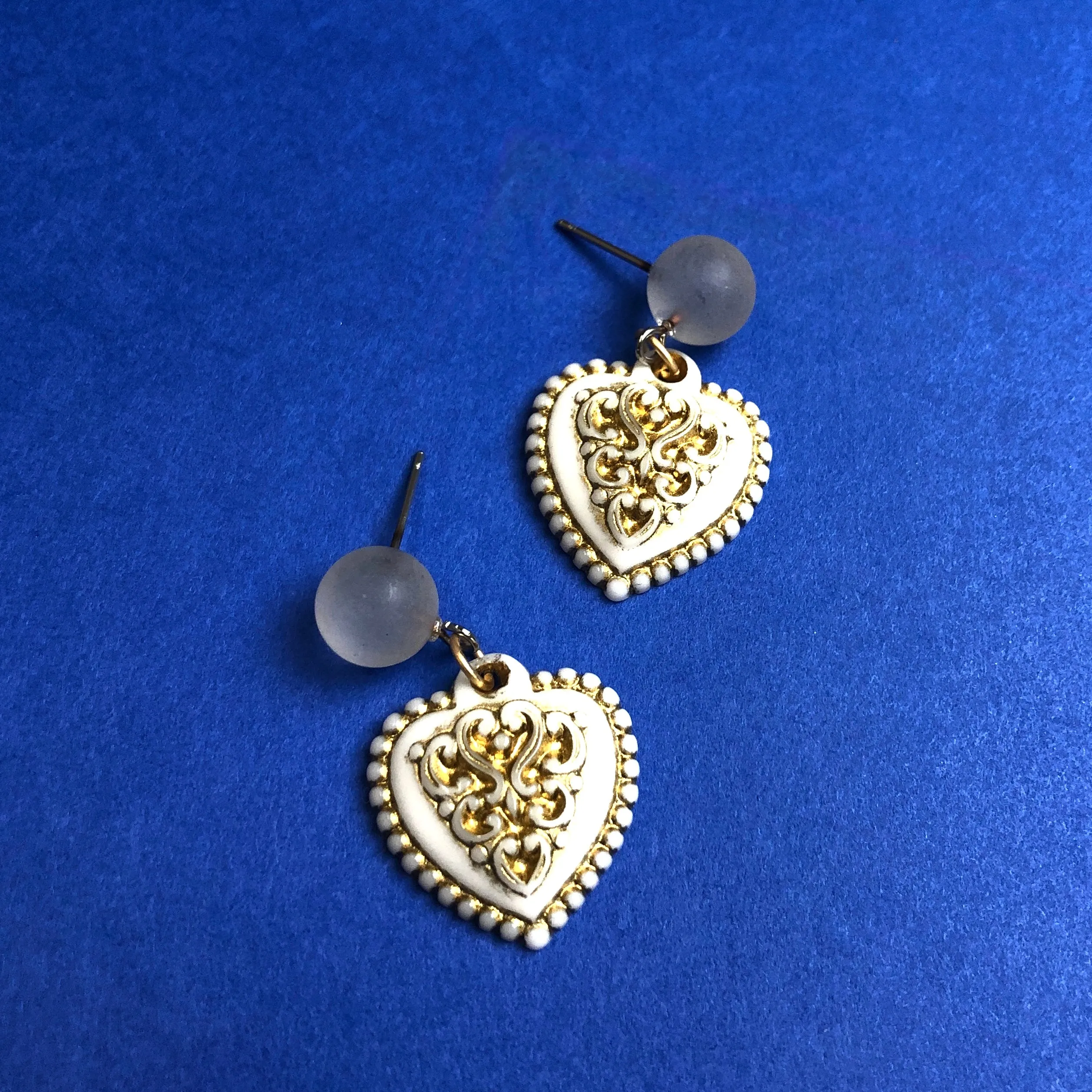 Dark Crystal & Golden White Nouveau Heart Drop Earrings