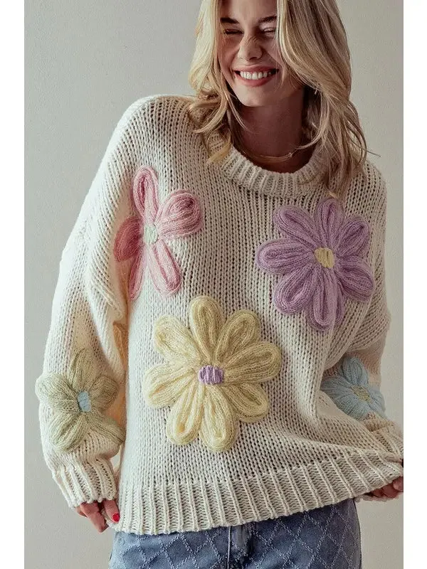 Embroidered Daisy Floral Oversized Sweater