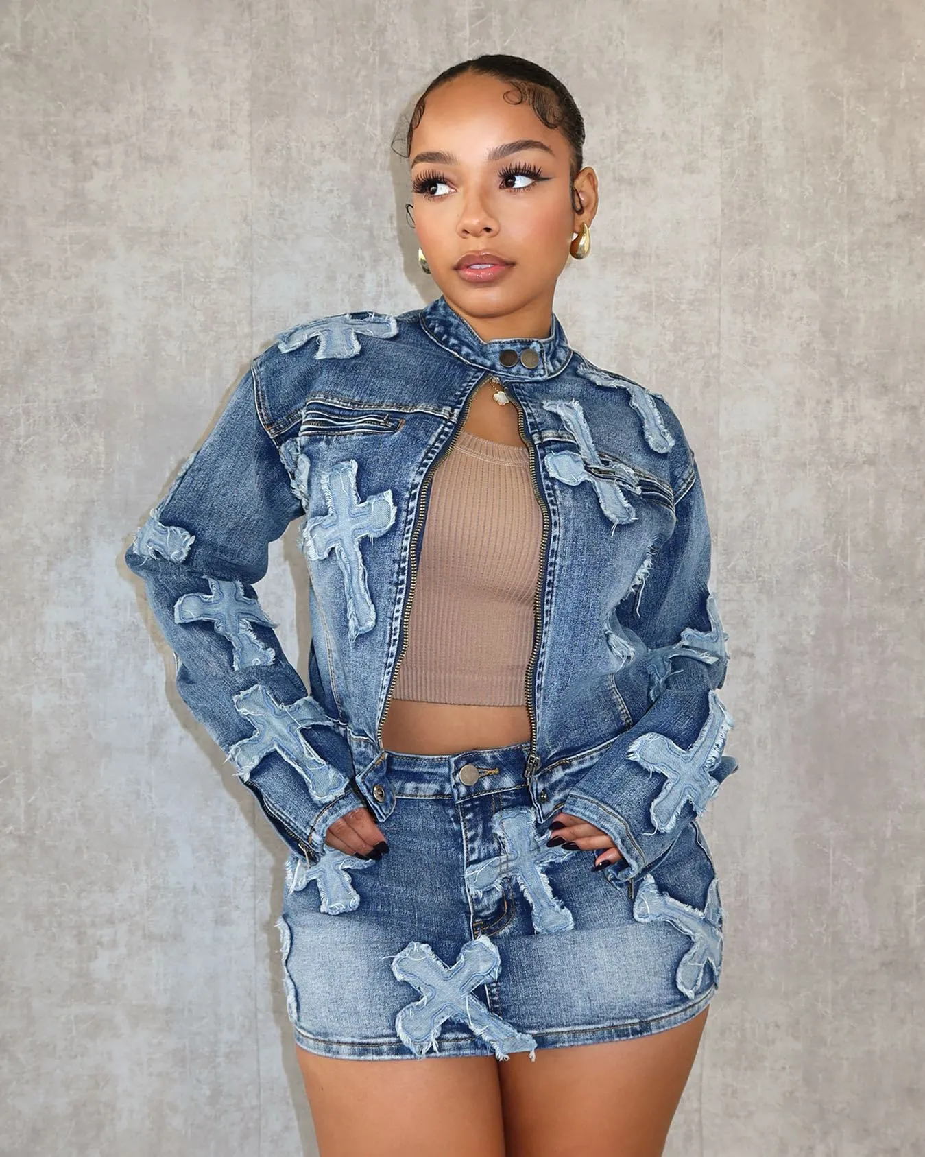 Embroidered Denim Jacket Suit