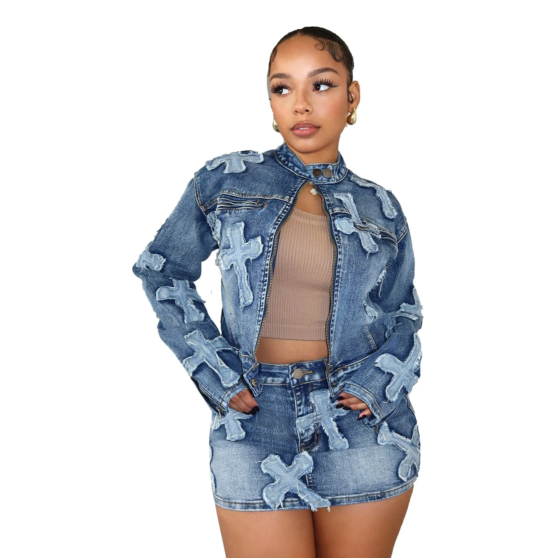 Embroidered Denim Jacket Suit