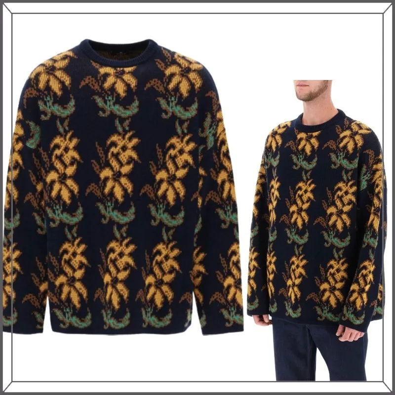 ETRO  |Crew Neck Flower Patterns Wool U-Neck Long Sleeves Logo