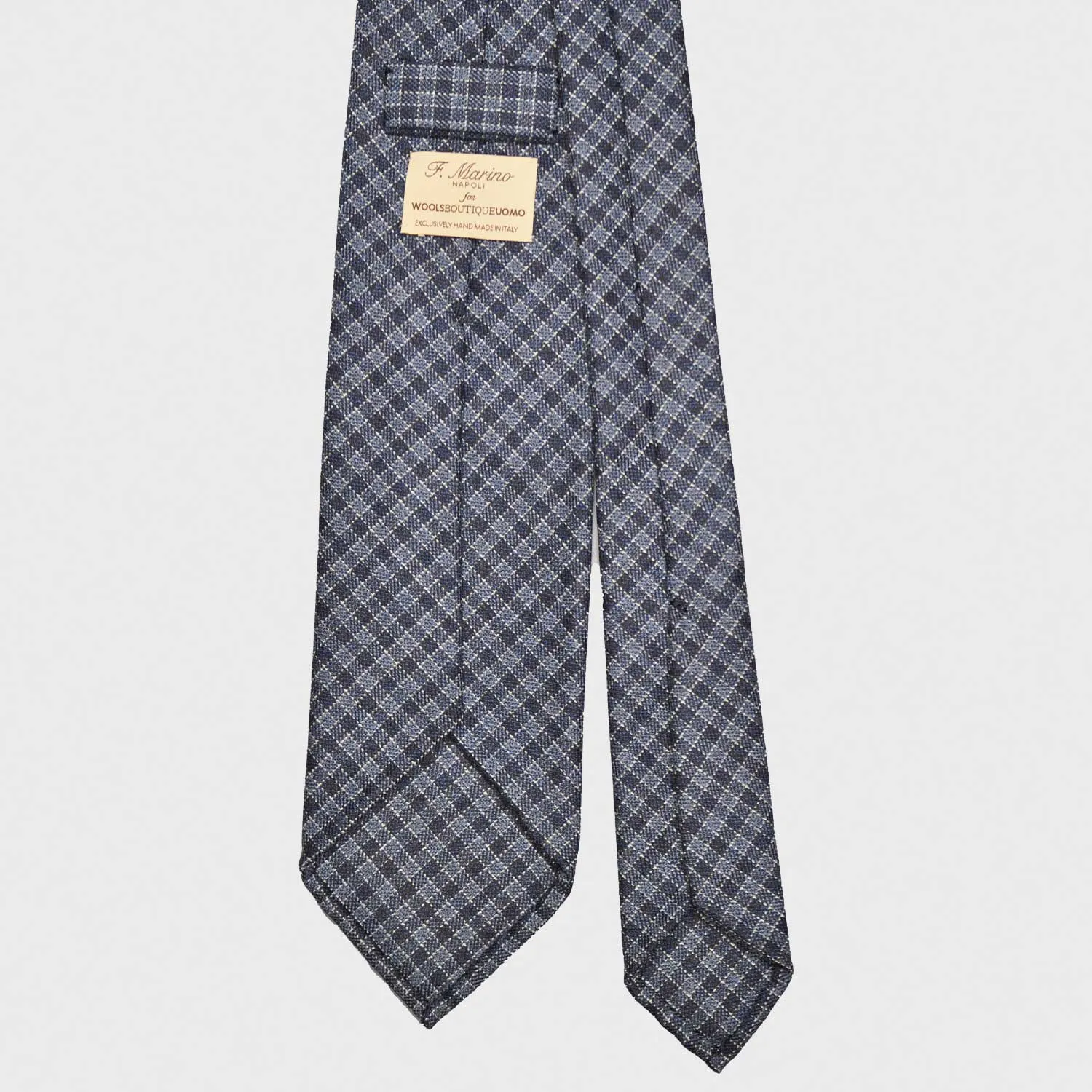 F.Marino Micro Checked Tie 3 Folds Holland&Sherry Wool Denim Blue