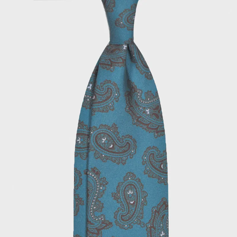 F.Marino Paisley Print Silk Tie 3 Folds Turquoise