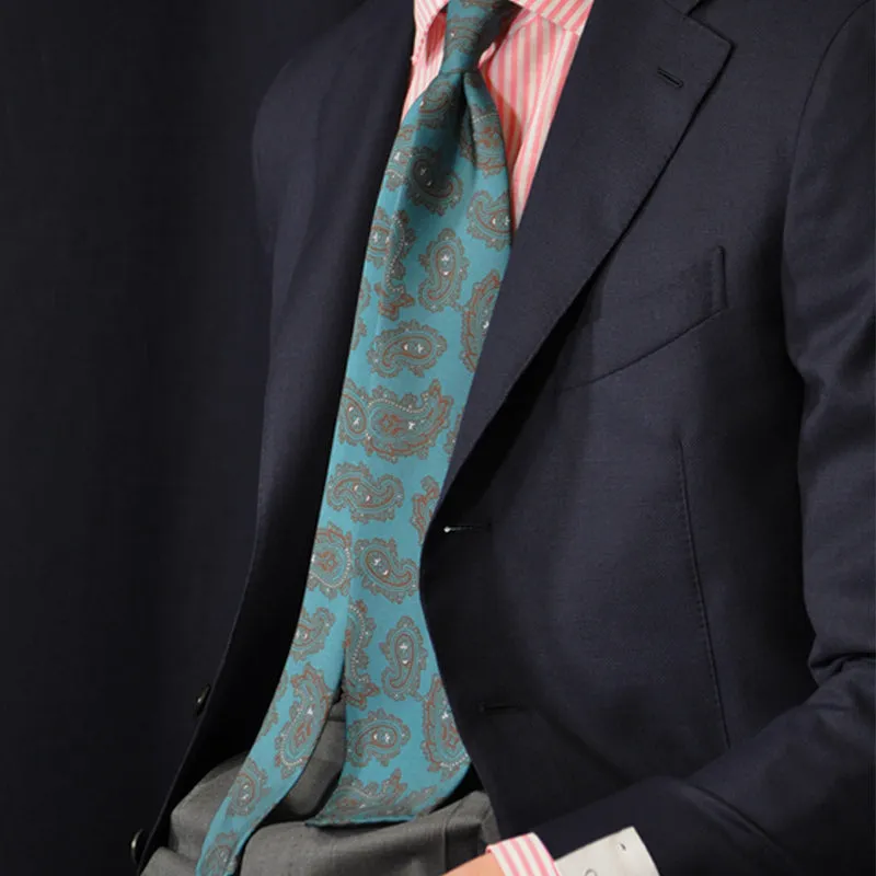 F.Marino Paisley Print Silk Tie 3 Folds Turquoise