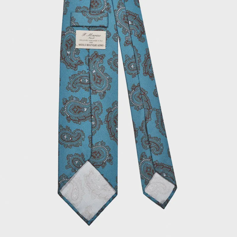 F.Marino Paisley Print Silk Tie 3 Folds Turquoise