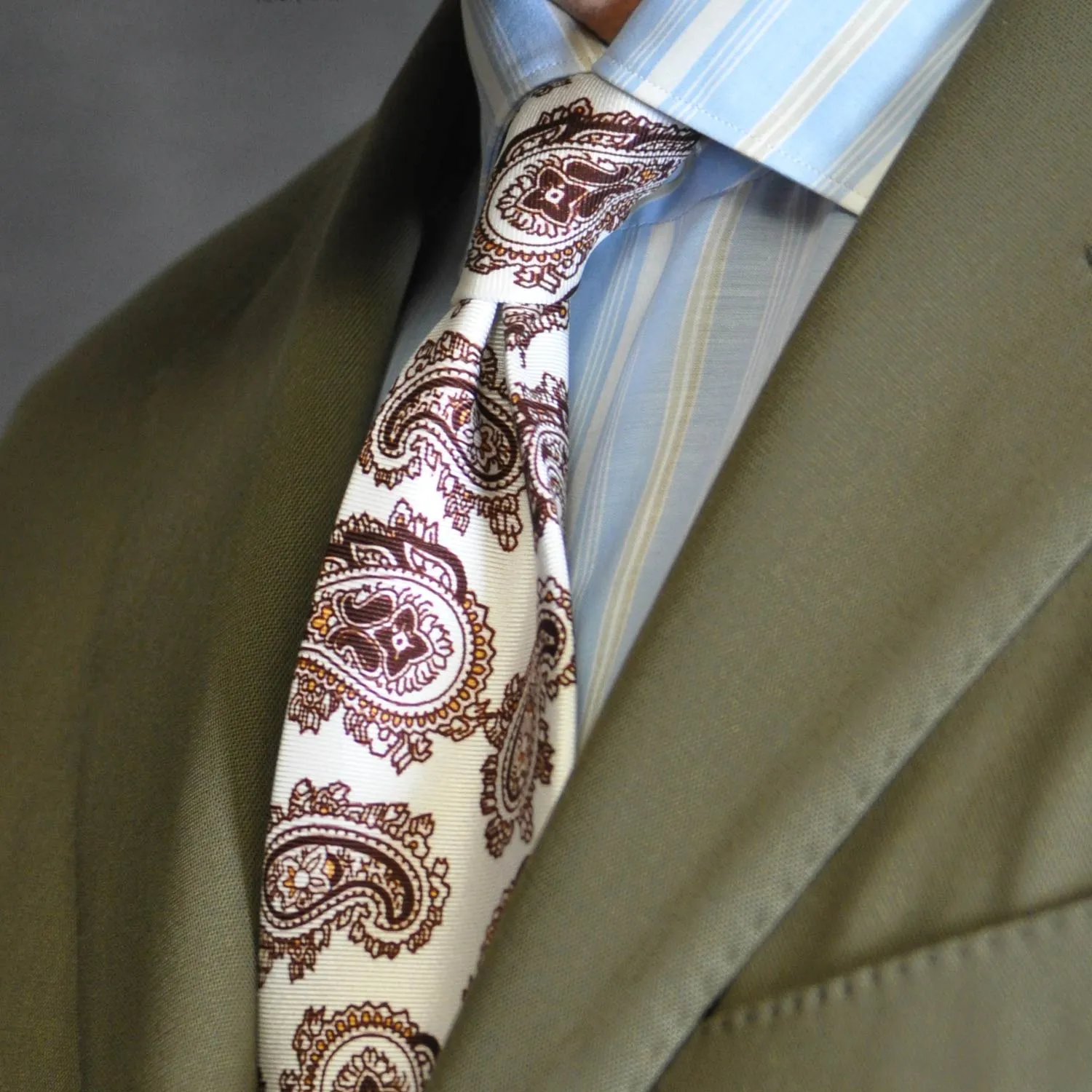 F.Marino Paisley Print Silk Tie 3 Folds White