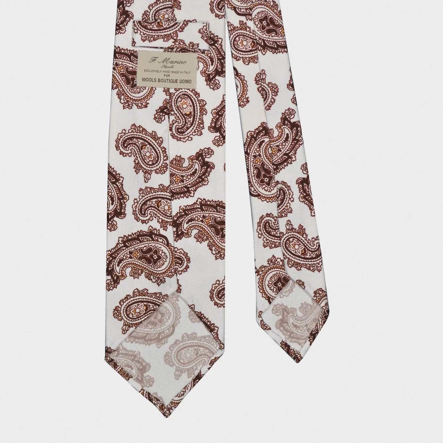 F.Marino Paisley Print Silk Tie 3 Folds White