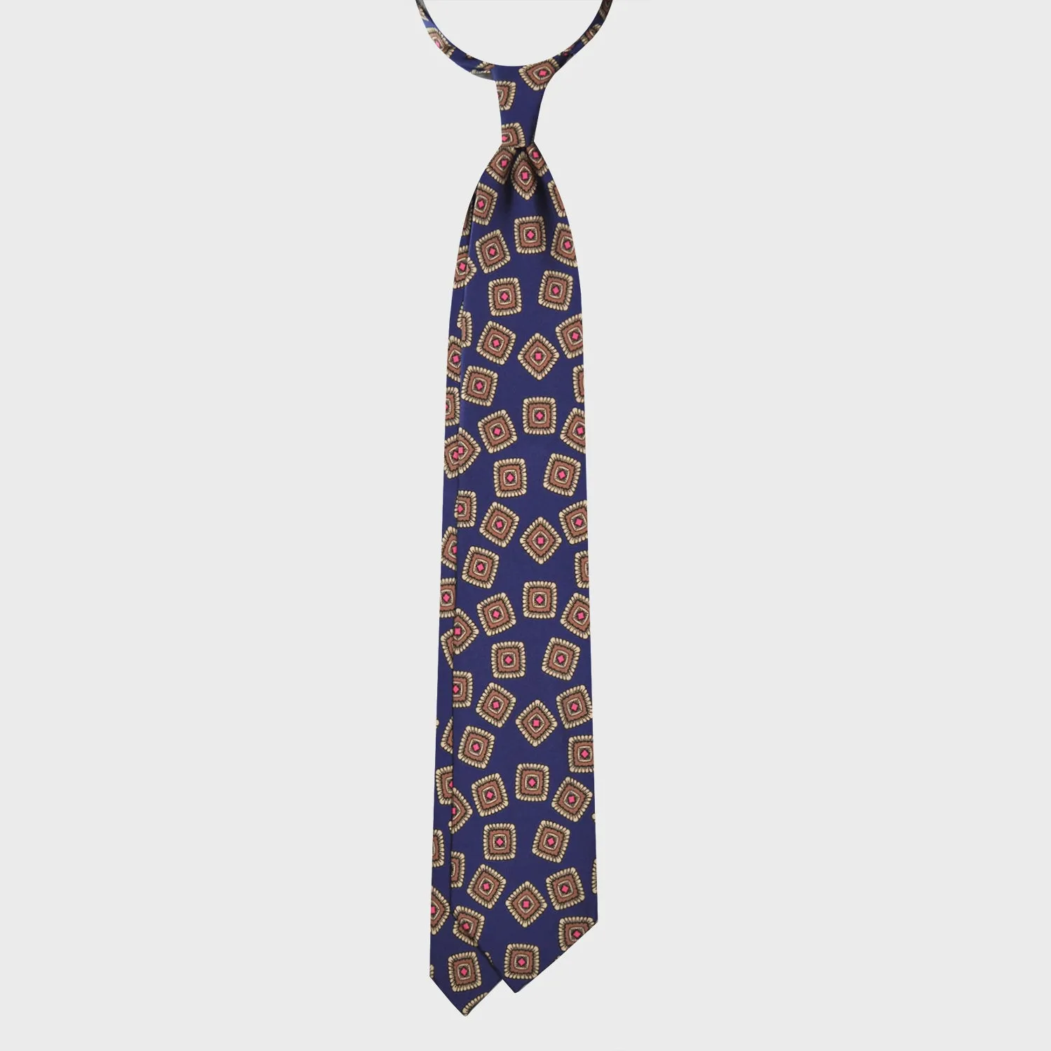 F.Marino Silk Tie 3 Folds Medallions Cobalt Blue