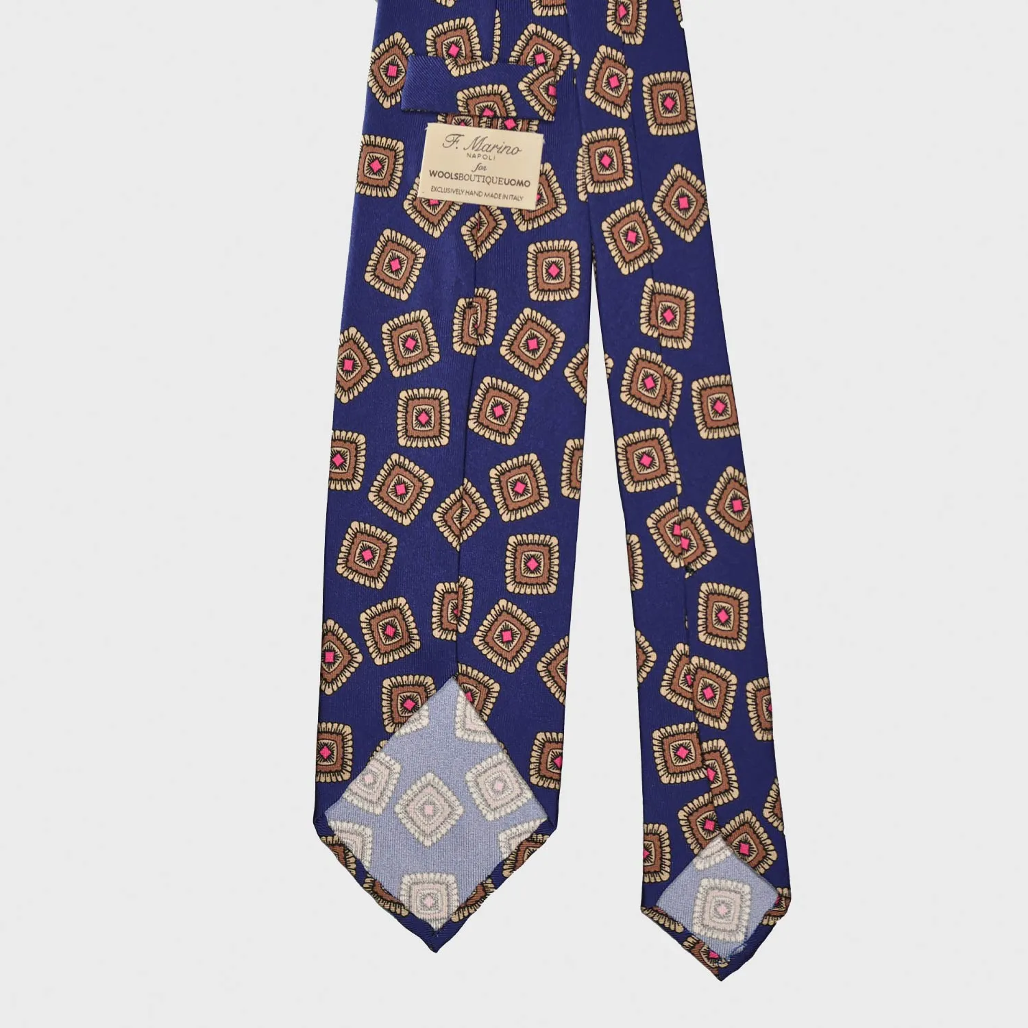 F.Marino Silk Tie 3 Folds Medallions Cobalt Blue