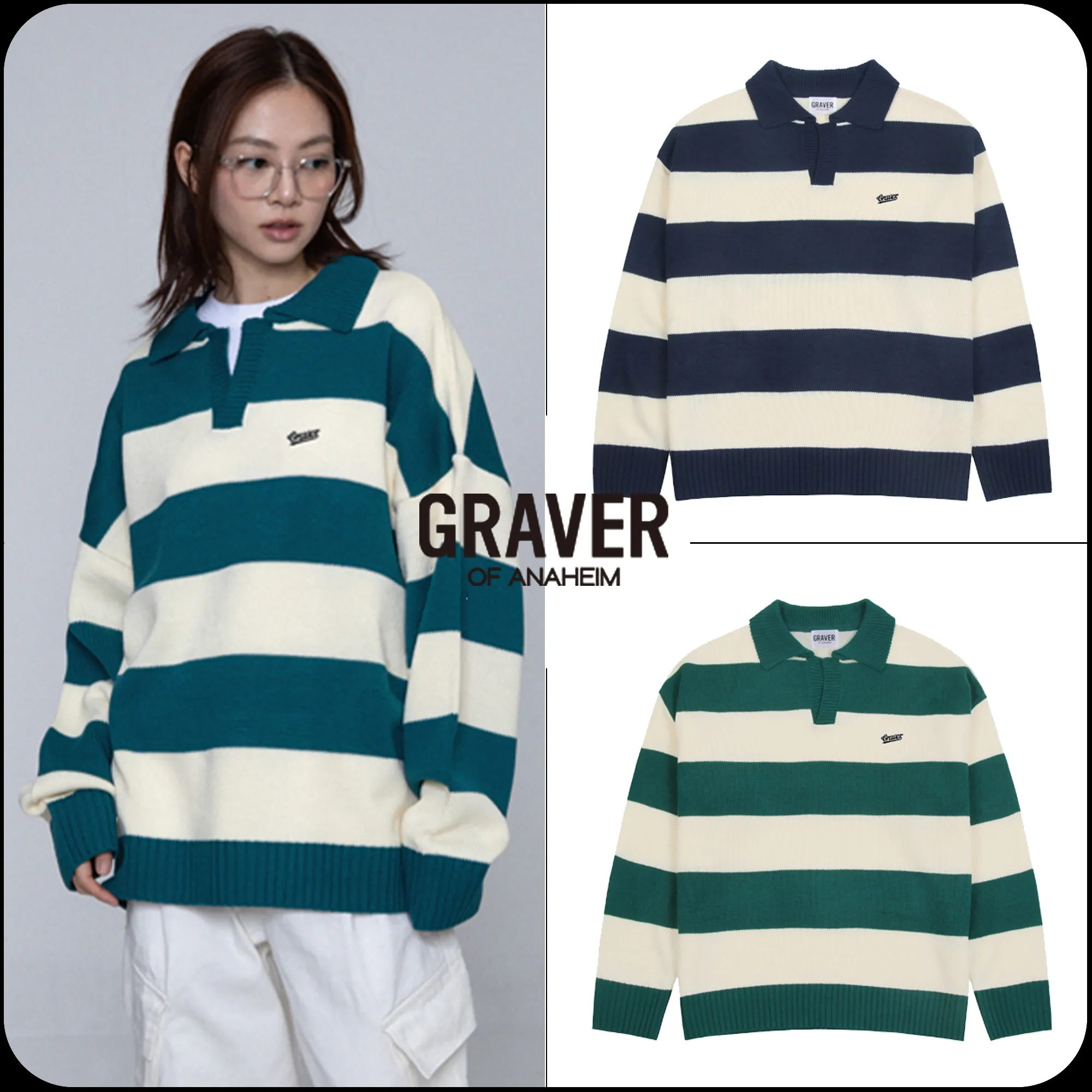 GRAVER  |[GRAVER]★BASEBALL LOGO EMBROIDERY STRIPE COLLAR KNIT