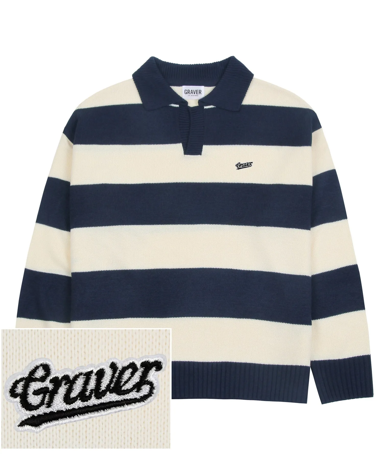 GRAVER  |[GRAVER]★BASEBALL LOGO EMBROIDERY STRIPE COLLAR KNIT