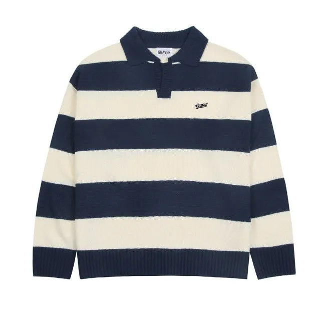 GRAVER  |[GRAVER]★BASEBALL LOGO EMBROIDERY STRIPE COLLAR KNIT