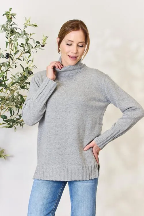 Grey Turtleneck Long Sleeve Slit Sweater