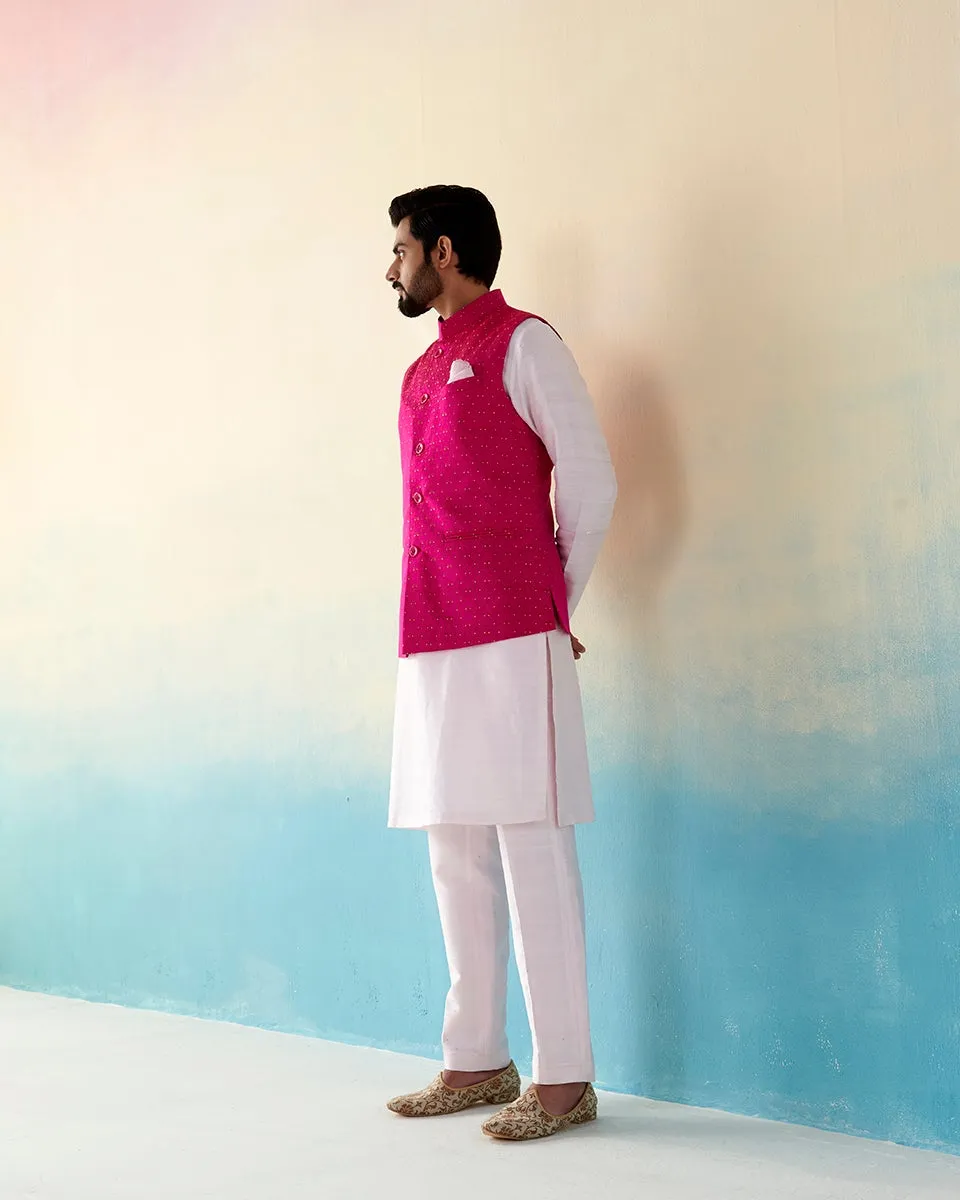 Hot Pink Handloom Pure Katan Silk Banarasi Nehru Jacket with Golden Booti