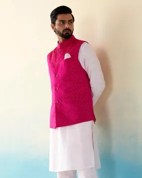 Hot Pink Handloom Pure Katan Silk Banarasi Nehru Jacket with Golden Booti