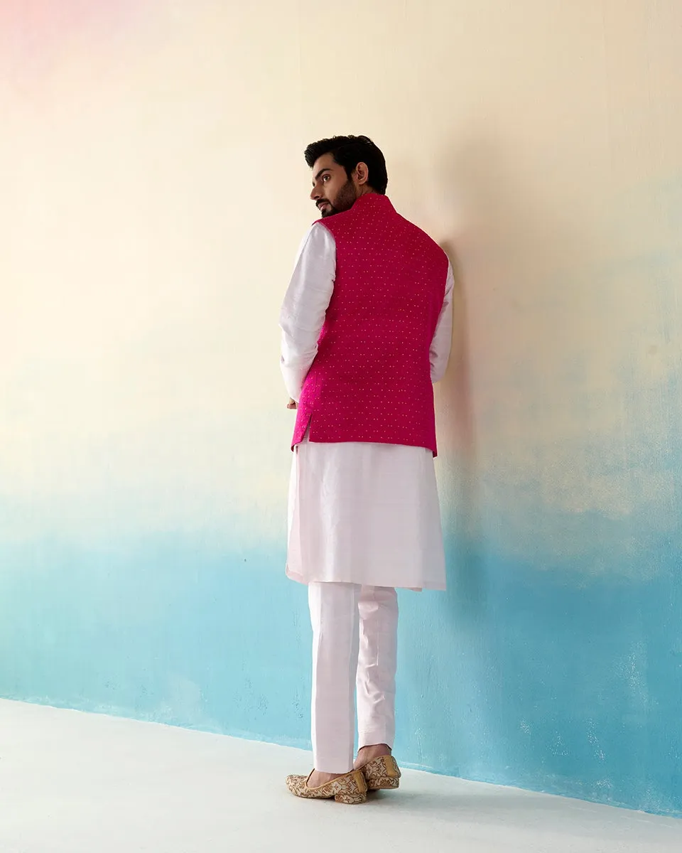 Hot Pink Handloom Pure Katan Silk Banarasi Nehru Jacket with Golden Booti