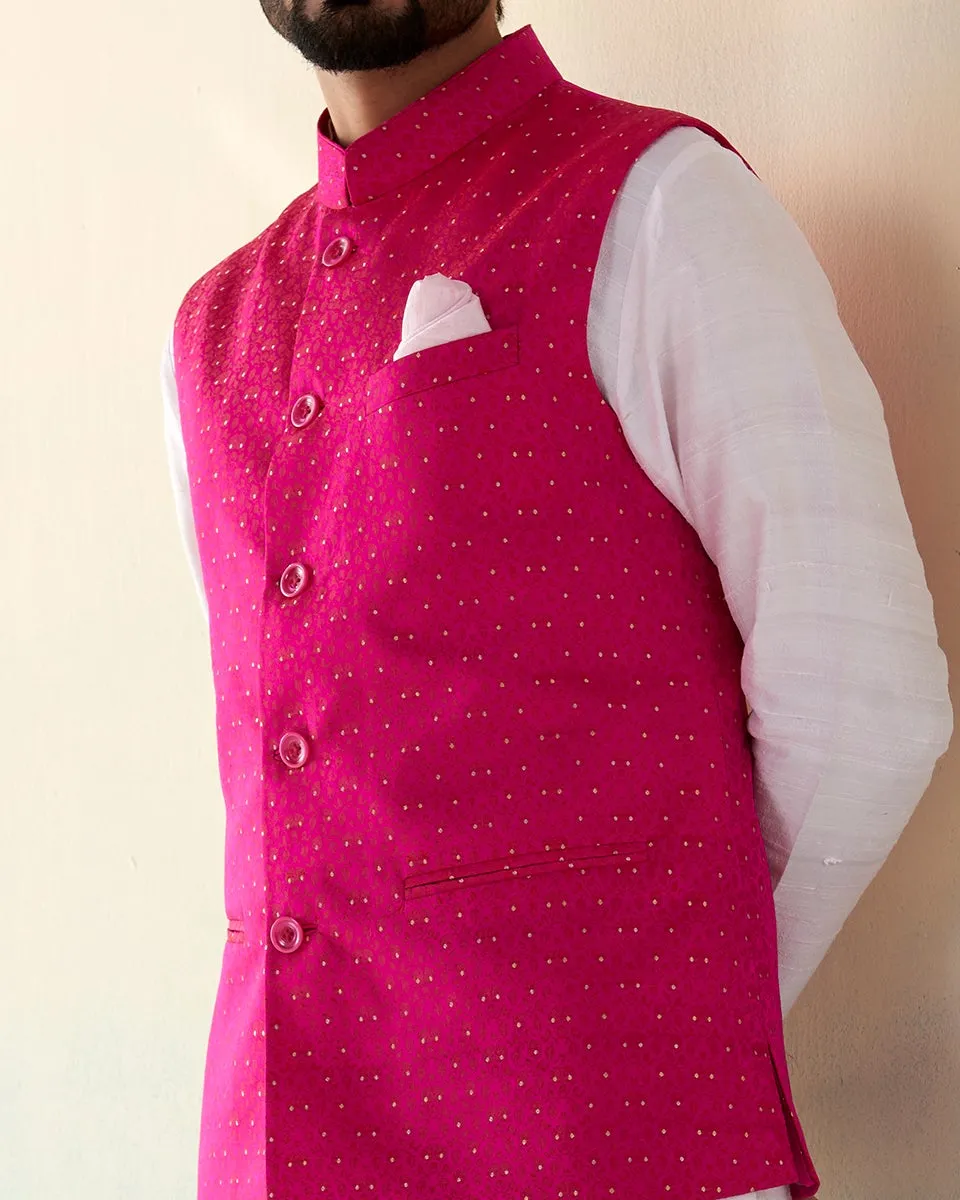 Hot Pink Handloom Pure Katan Silk Banarasi Nehru Jacket with Golden Booti