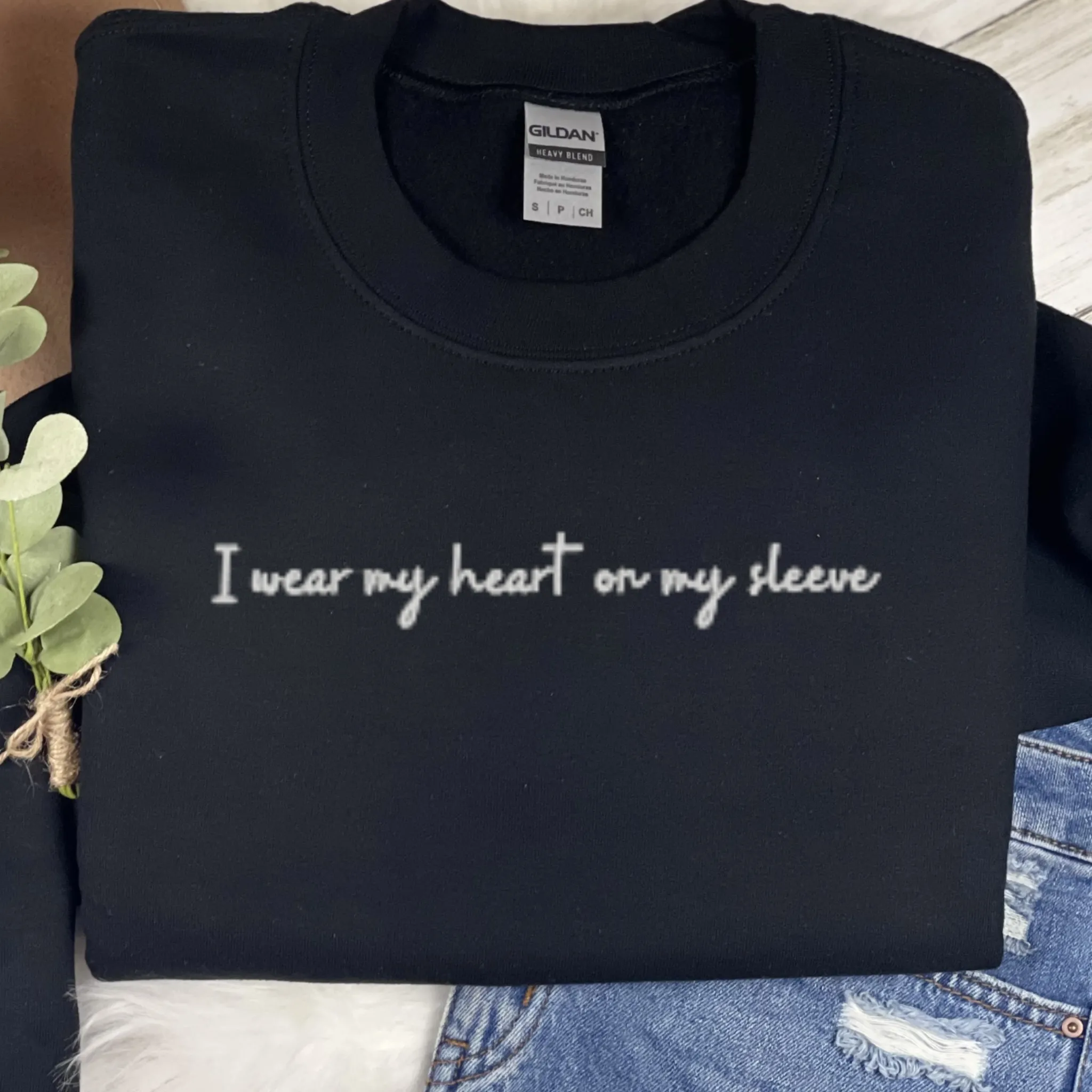 I wear my heart on a sleeve mama crewneck sweatshirt with kid's name embroidered on sleeve