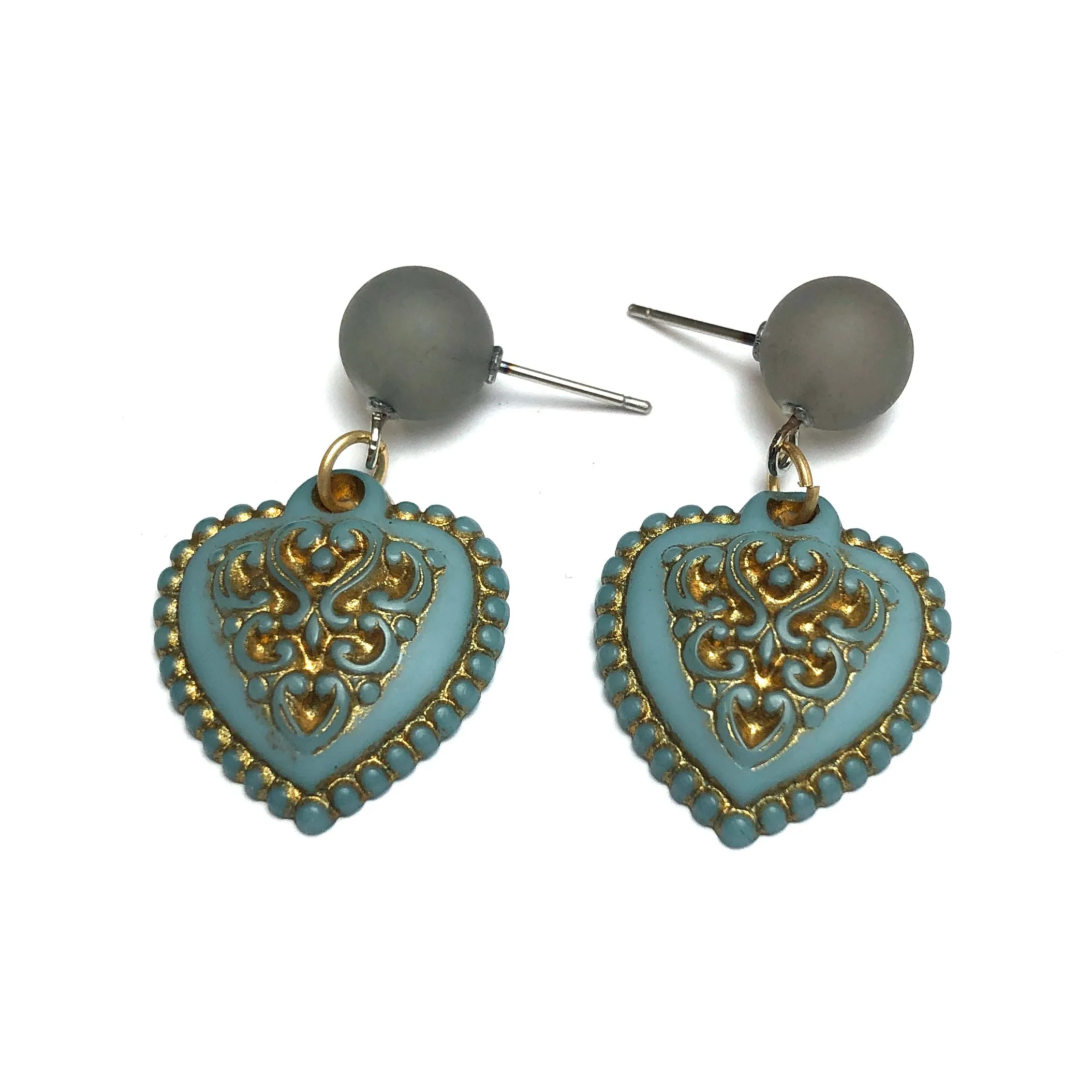 Ice Blue & Gold Nouveau Heart Drop Earrings