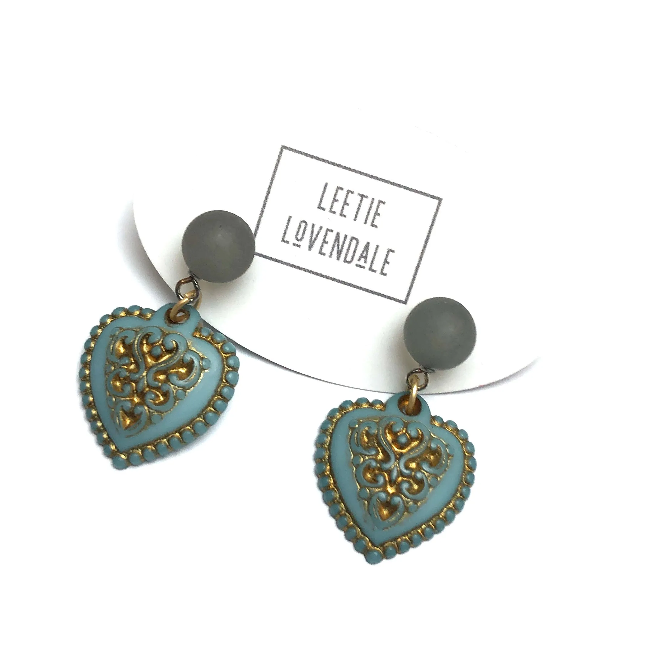 Ice Blue & Gold Nouveau Heart Drop Earrings