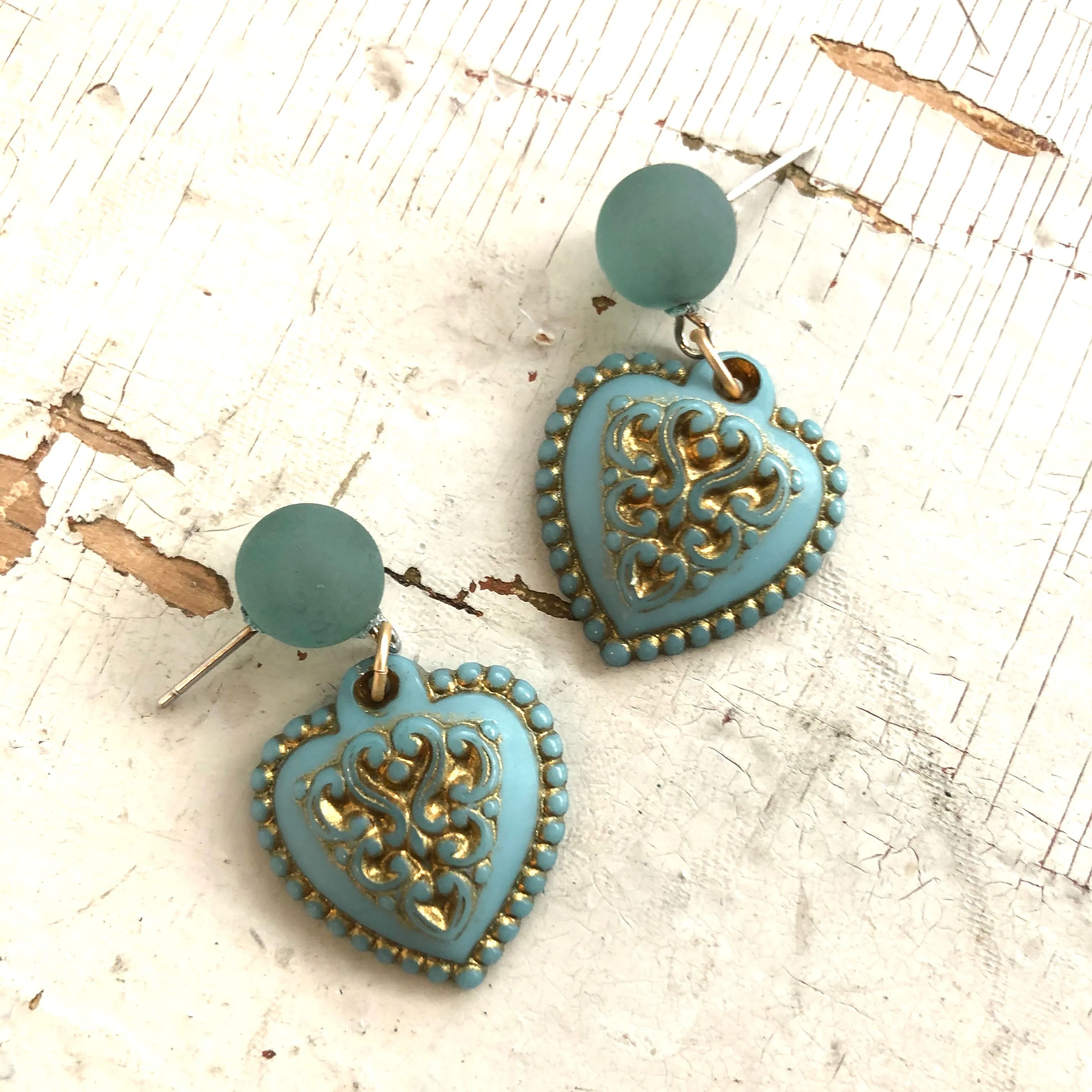 Ice Blue & Gold Nouveau Heart Drop Earrings