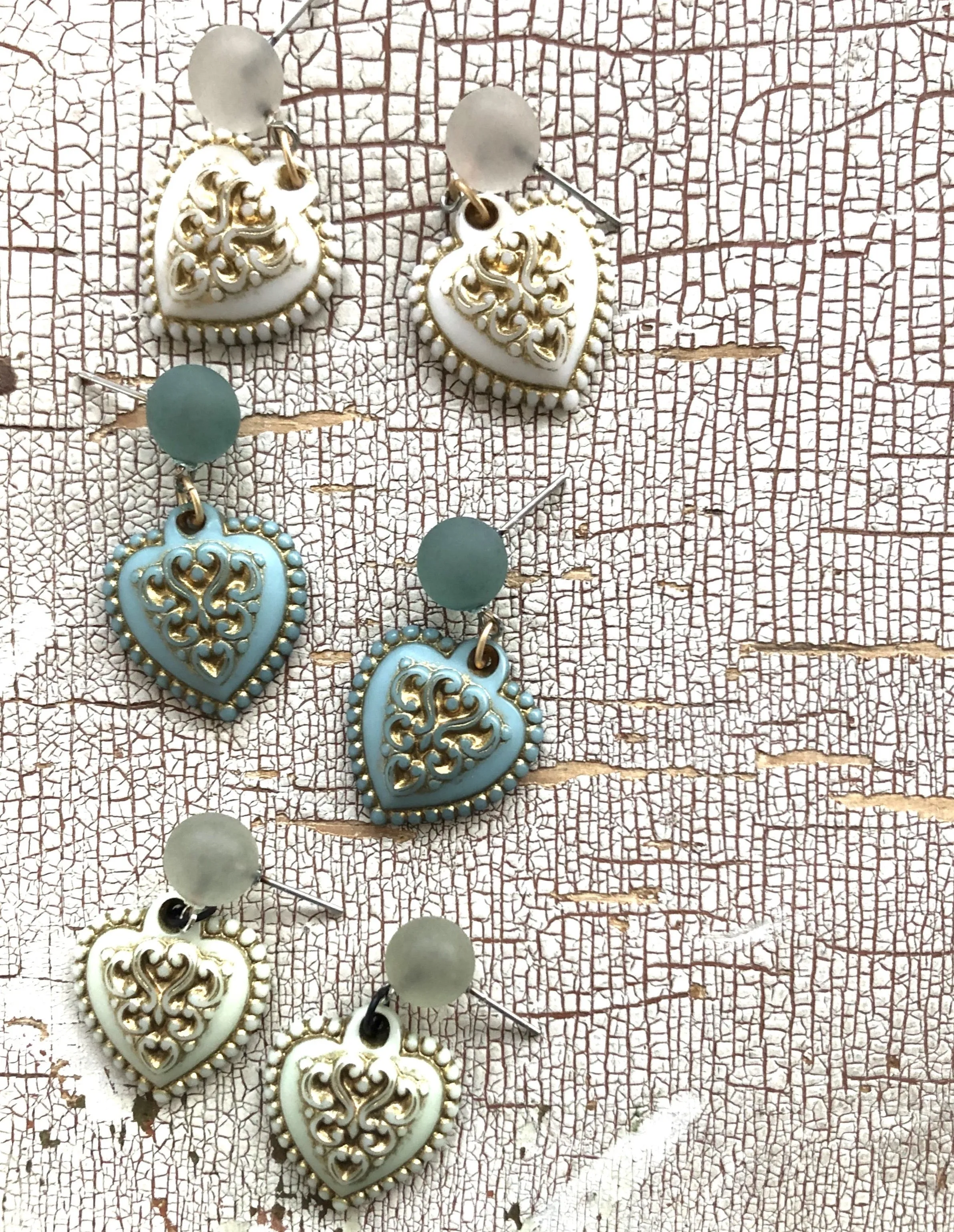 Ice Blue & Gold Nouveau Heart Drop Earrings