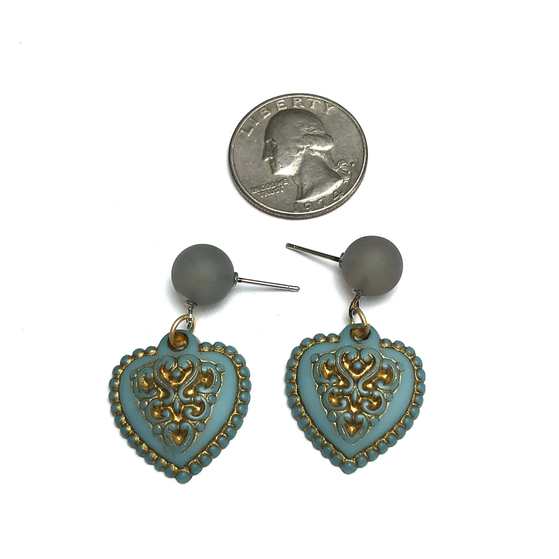 Ice Blue & Gold Nouveau Heart Drop Earrings