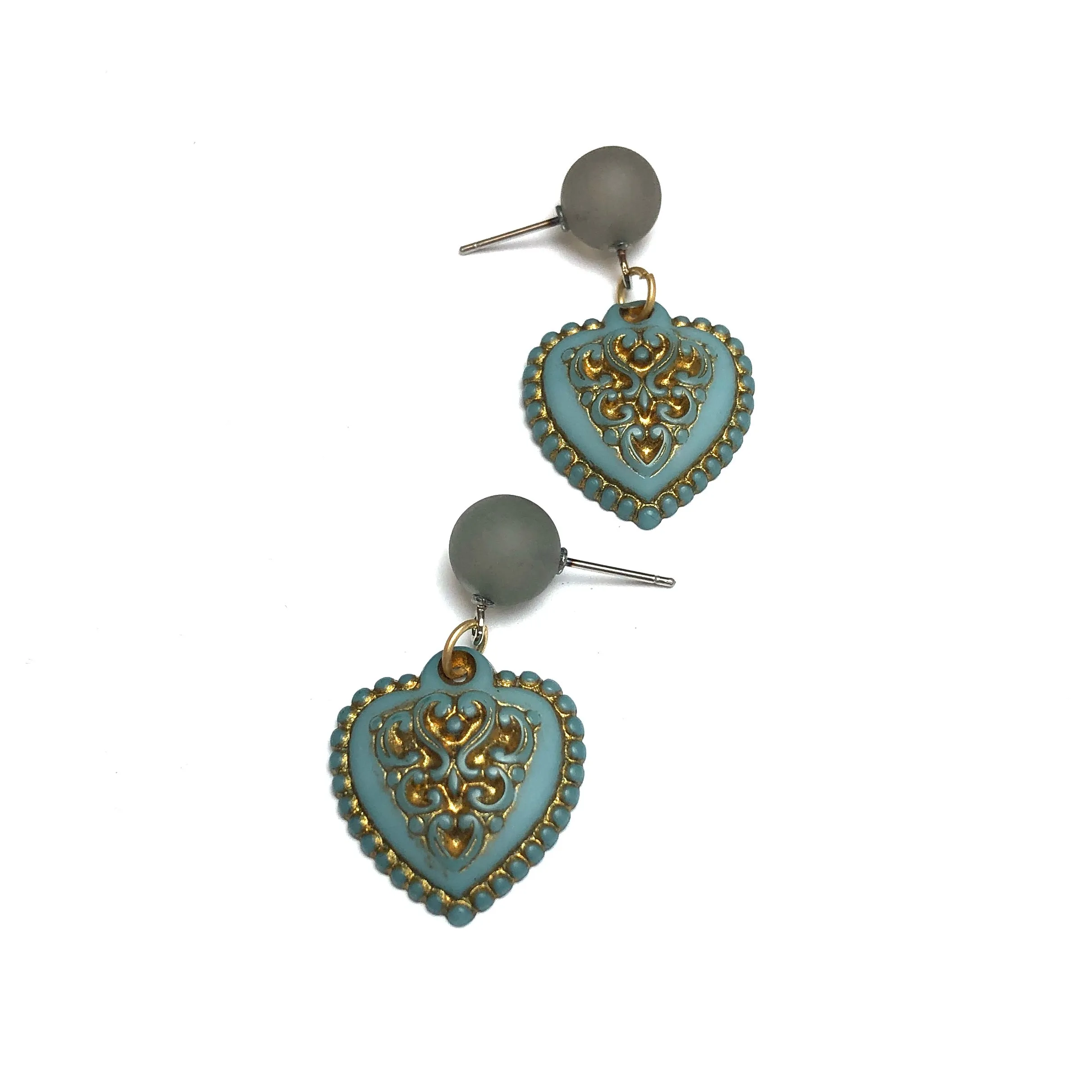 Ice Blue & Gold Nouveau Heart Drop Earrings