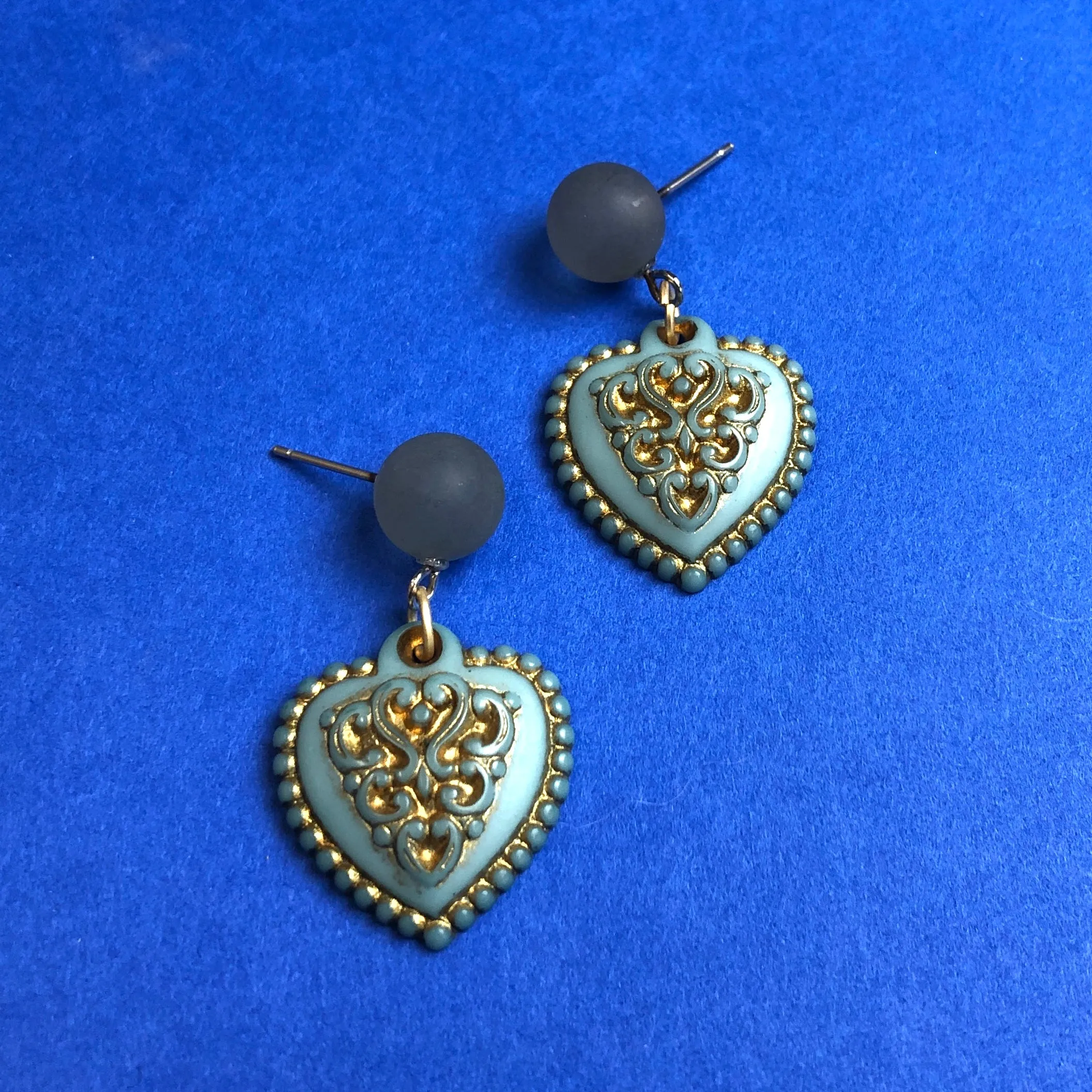 Ice Blue & Gold Nouveau Heart Drop Earrings