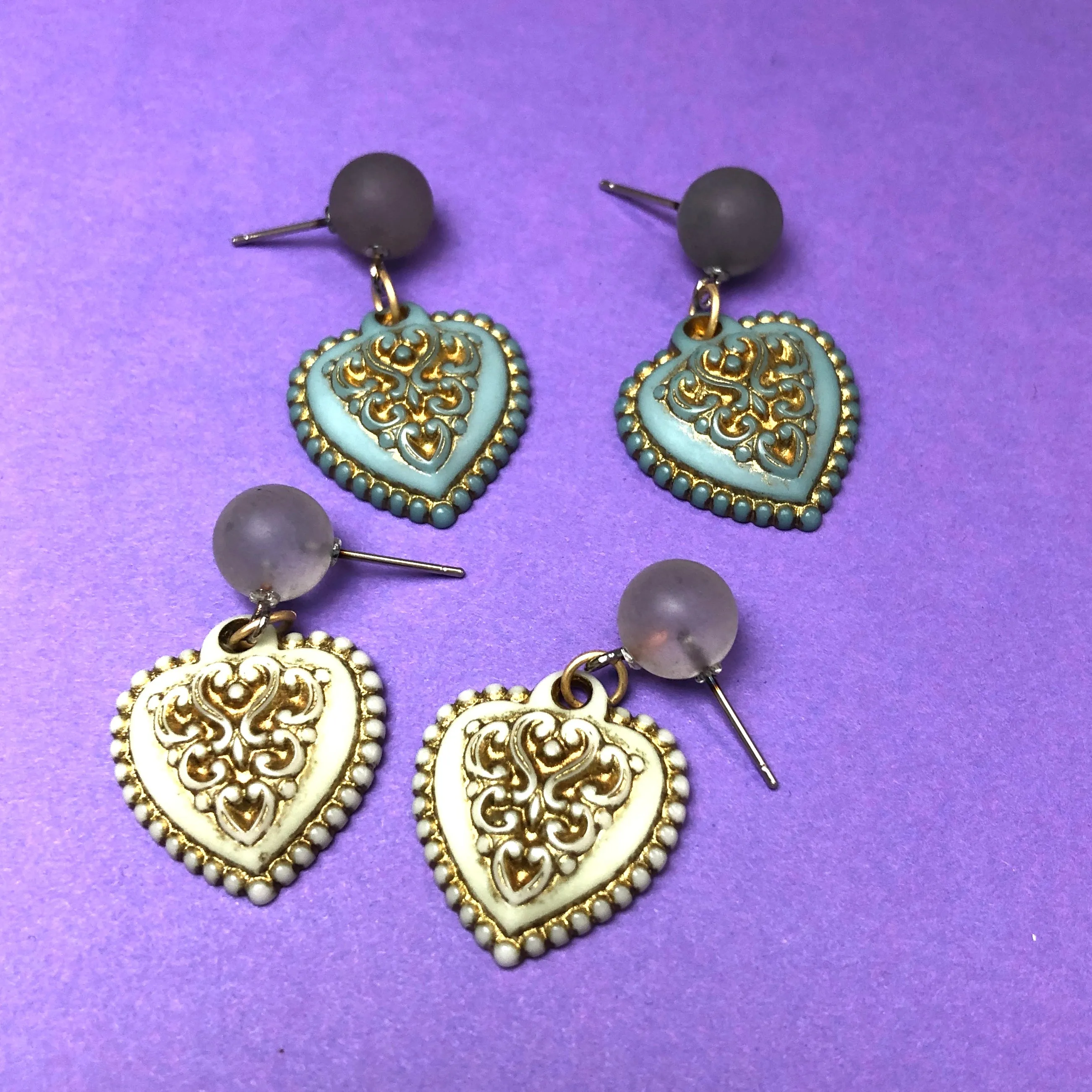 Ice Blue & Gold Nouveau Heart Drop Earrings