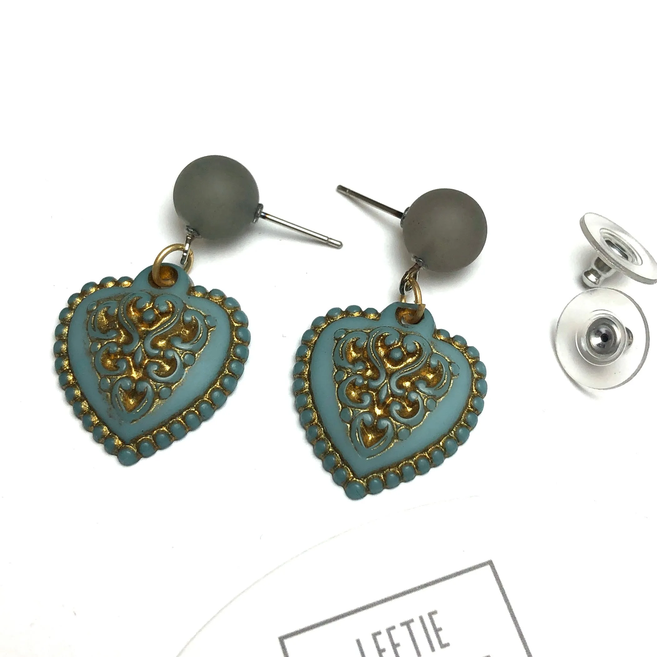 Ice Blue & Gold Nouveau Heart Drop Earrings