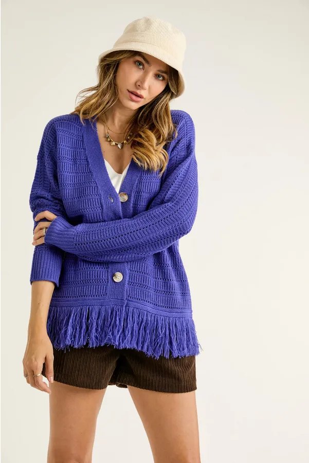 J.NNA Fringed Bottom Multi Textured Cardigan