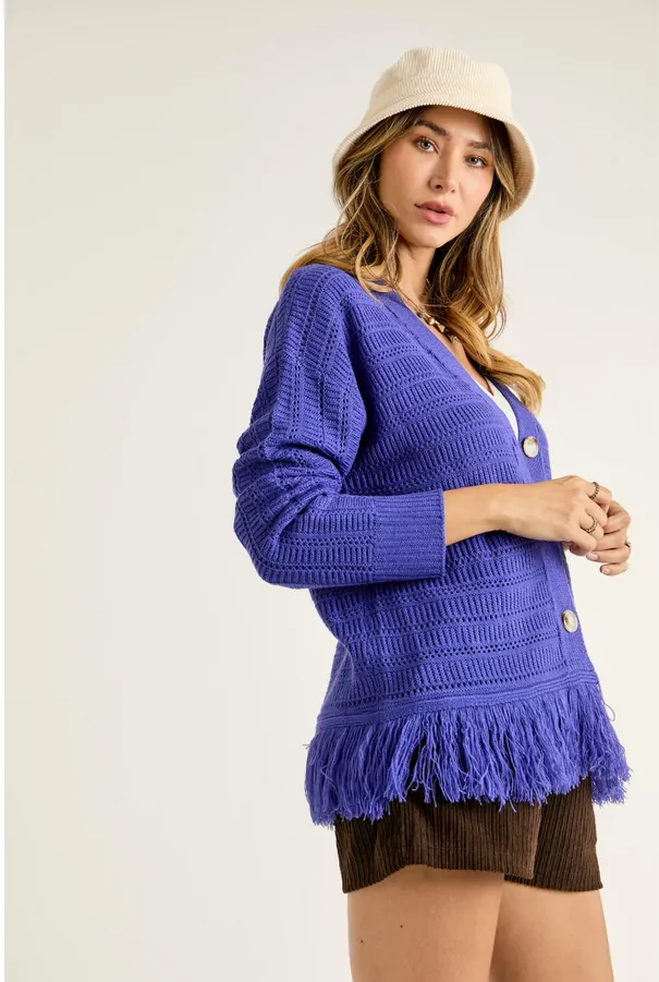 J.NNA Fringed Bottom Multi Textured Cardigan