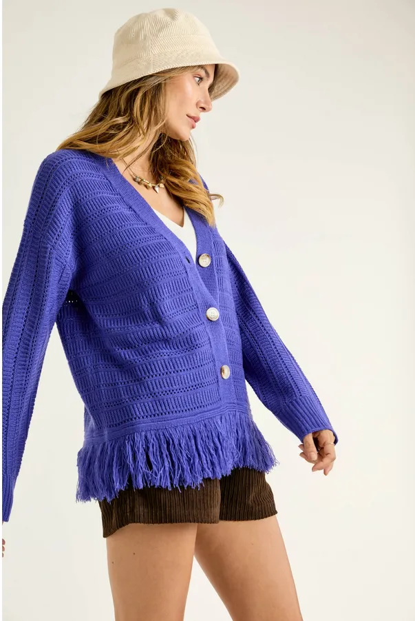 J.NNA Fringed Bottom Multi Textured Cardigan