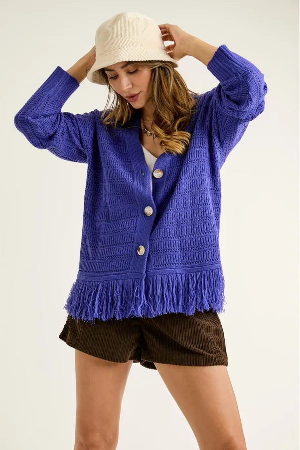 J.NNA Fringed Bottom Multi Textured Cardigan