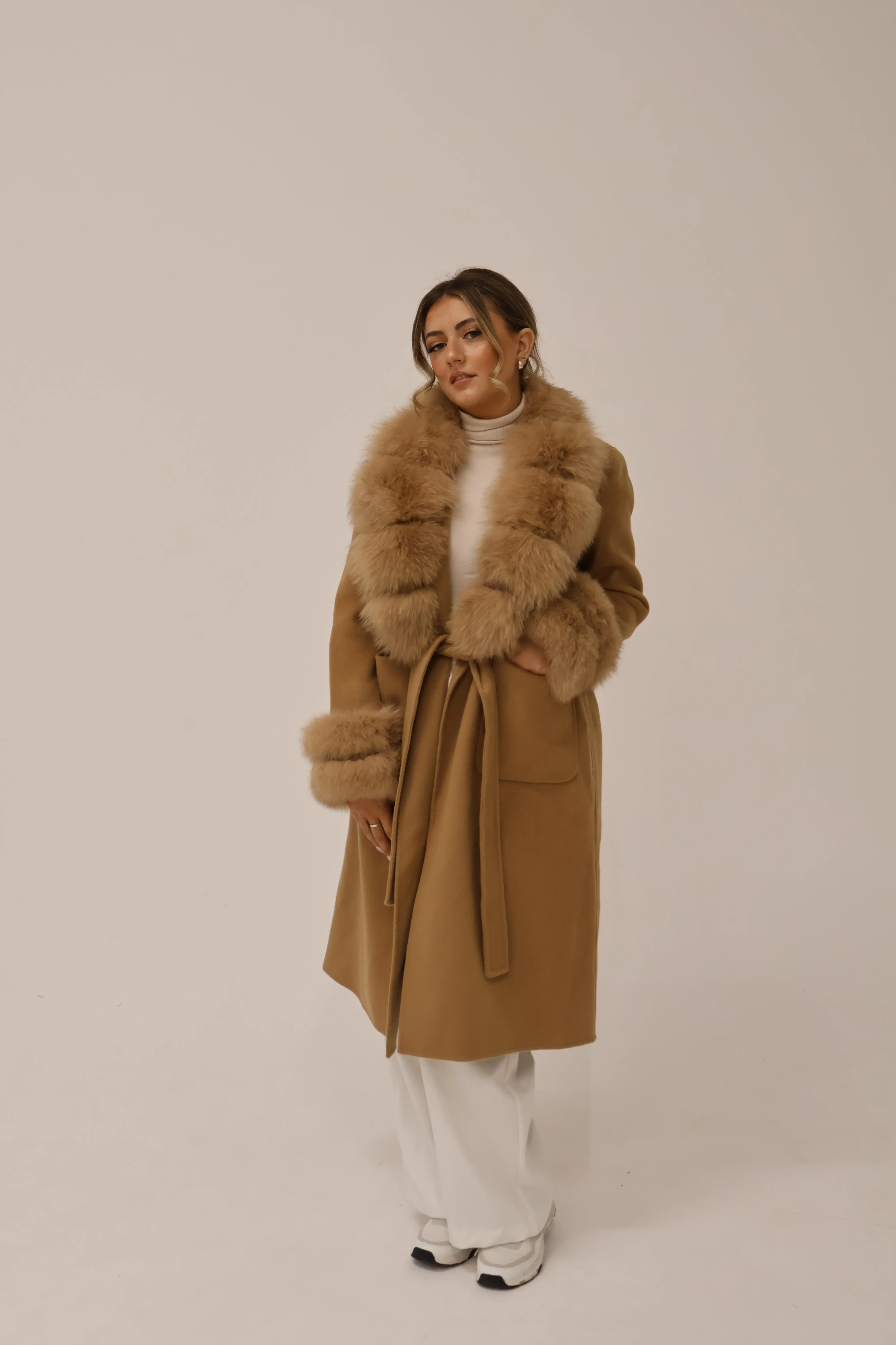 Long Cashmere Coat with Fur Collar & Cuffs